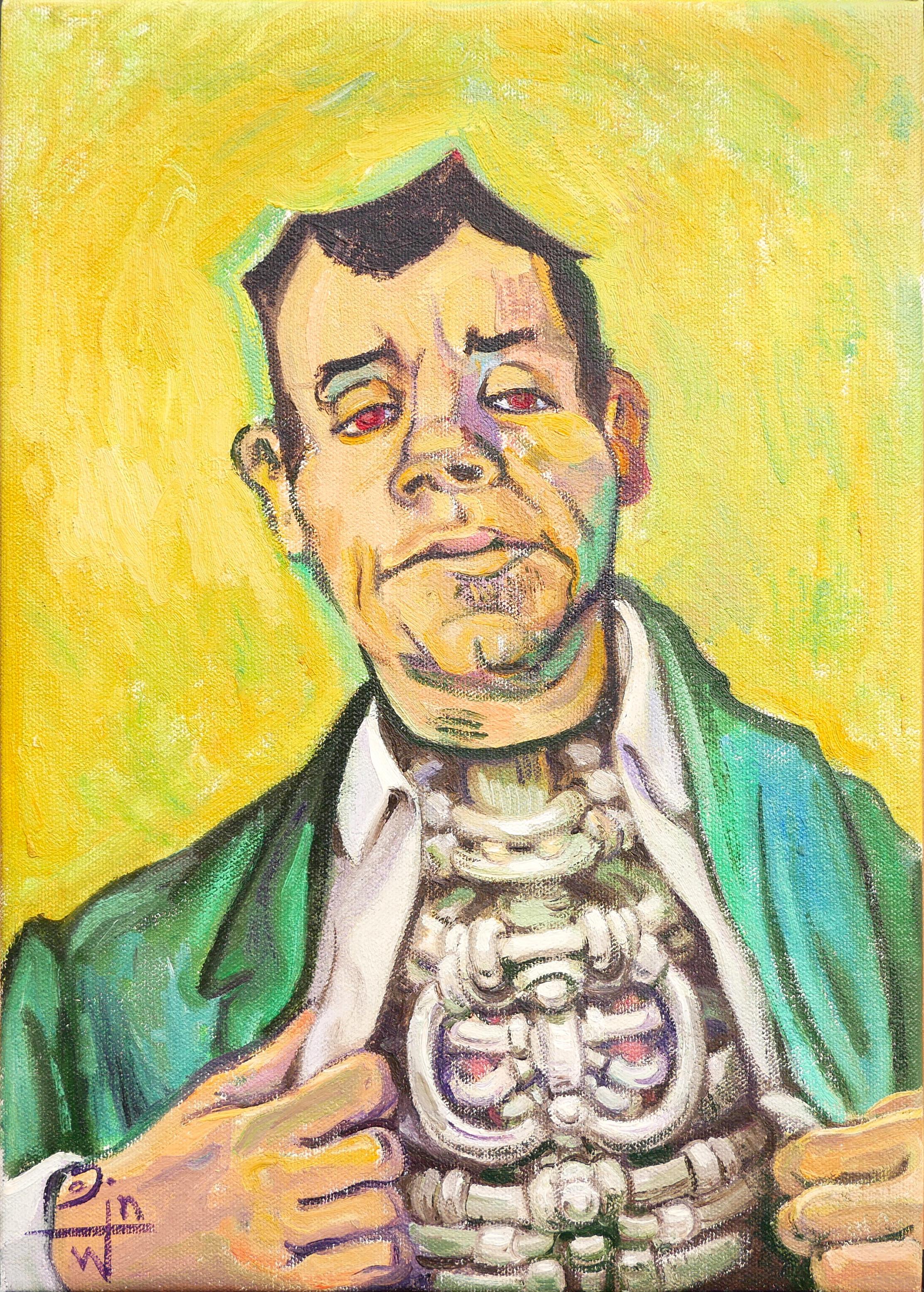 Henry David Potwin Portrait Painting – "Mechanisches Herz" Zeitgenössisches grünes und gelbes surrealistisches Porträtgemälde