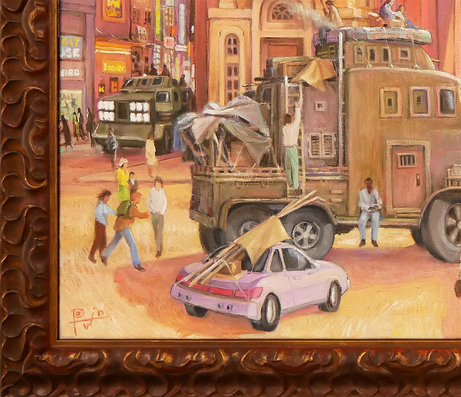Farbenfrohes surrealistisches Landschaftsgemälde des zeitgenössischen texanischen Künstlers Henry David Potwin. Das Werk zeigt eine Gruppe von Panzern, die sich von einer Seite der Stadt zur anderen bewegen. Signiert in der linken unteren Ecke der