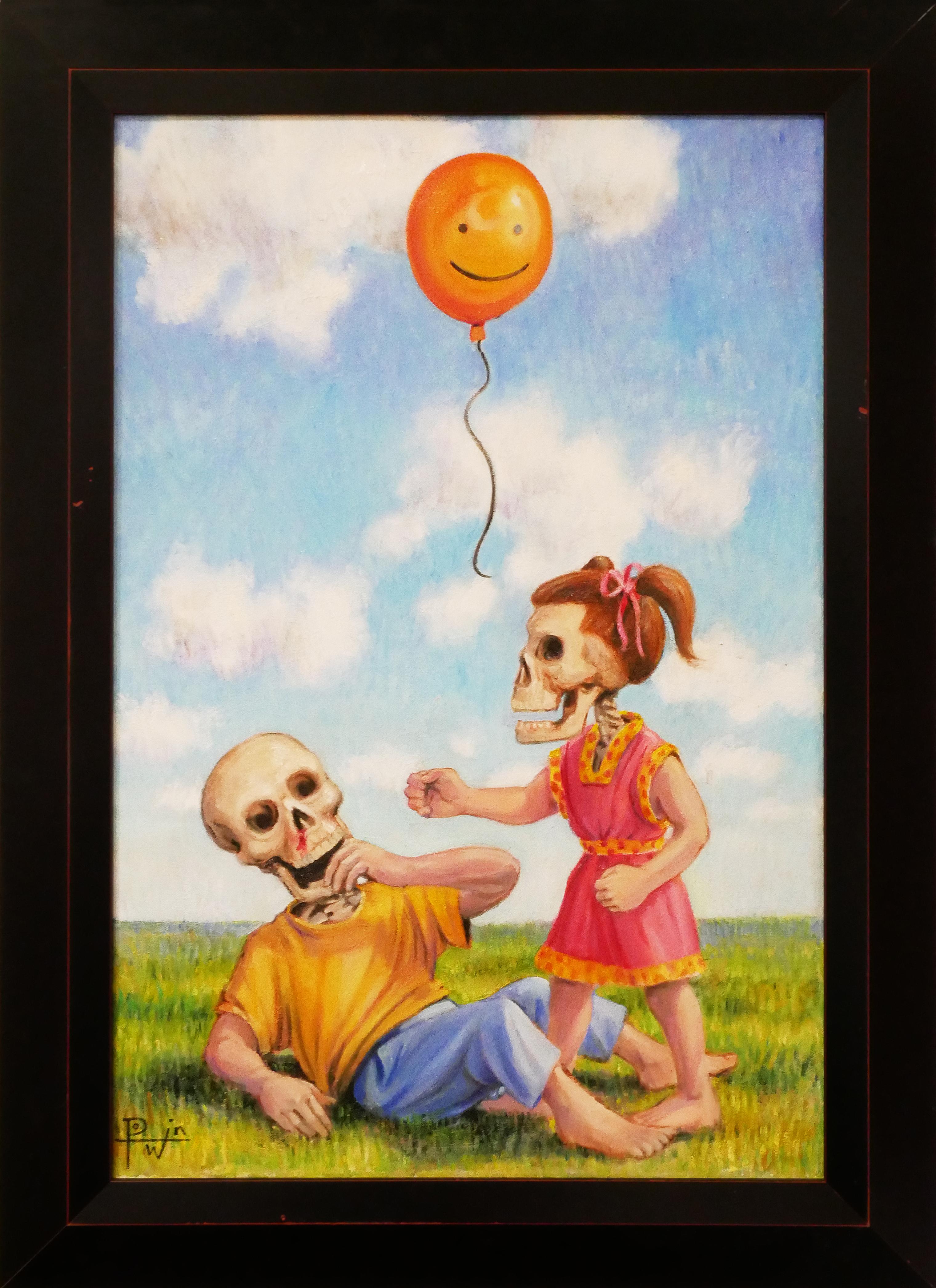 Henry David Potwin Abstract Painting - "Mine" Colorful Contemporary Surrealist Painting of Fighting Skelton Children