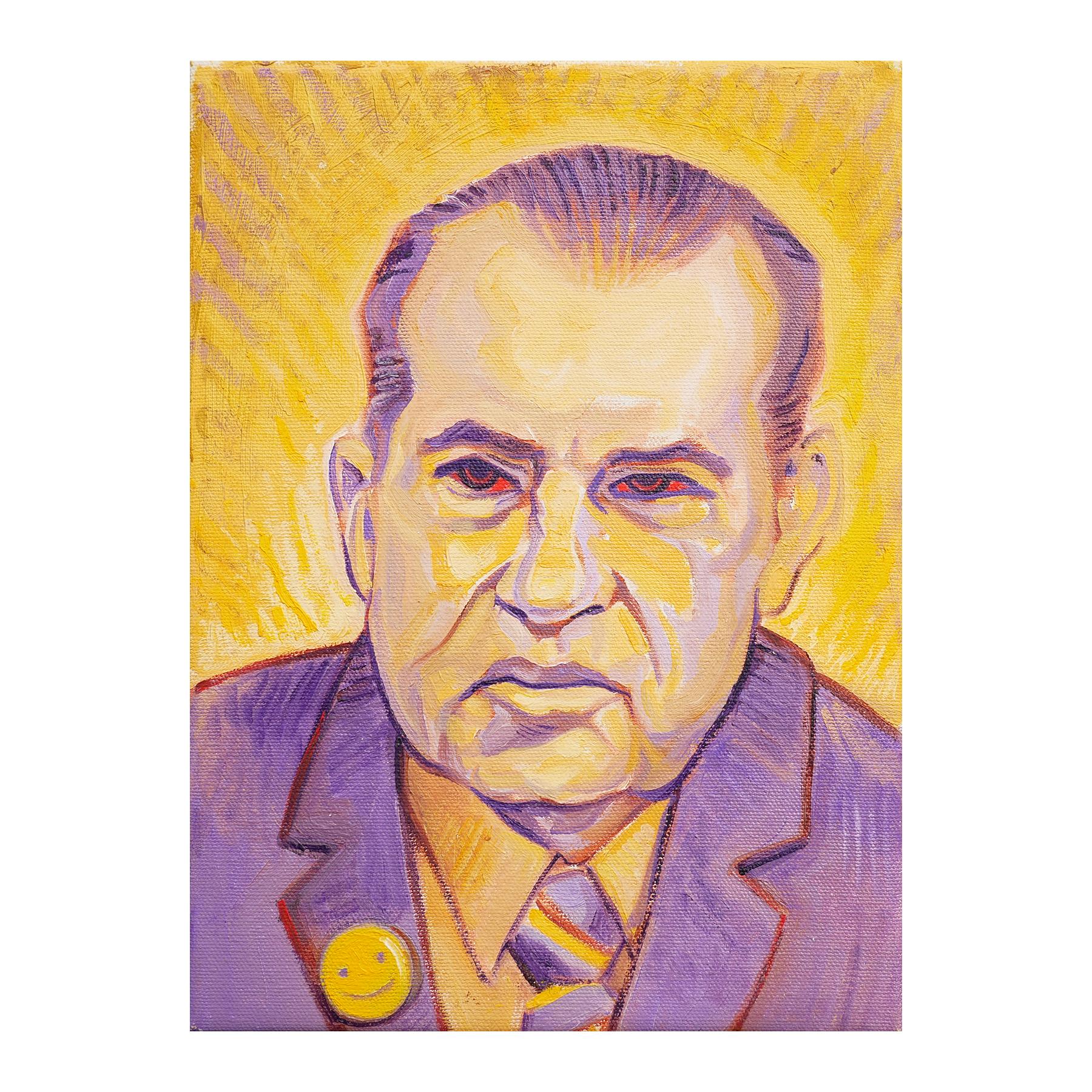 Vivid purple and yellow toned painting done by contemporary artist Henry David Potwin. This work features a life-size figure of the head of Richard Nixon with yellow and purple features and bright, red eyes. He is dressed in a bright purple suit