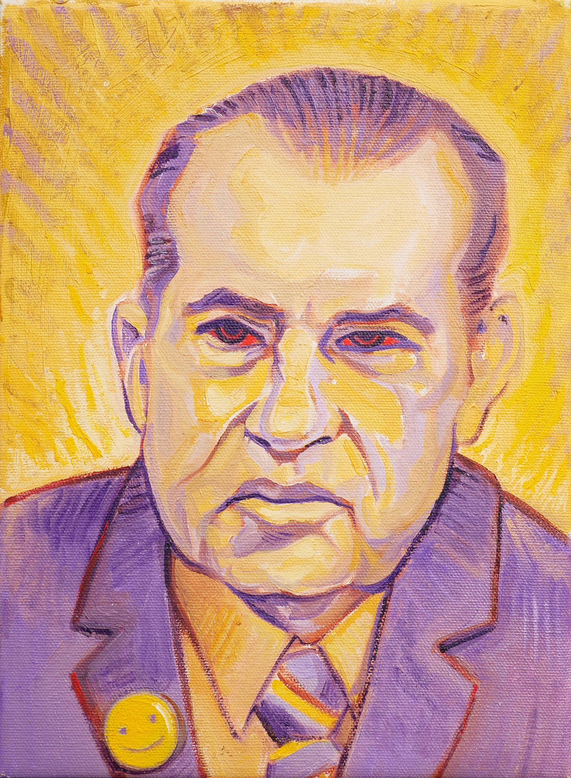 Portrait Painting de Henry David Potwin - "Mr. Nixon" Retrato Surrealista Contemporáneo en Pastel Amarillo y Violeta