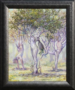 "Natural Yoga" Green & Purple Surrealist Forest Landscape with Figurative Trees