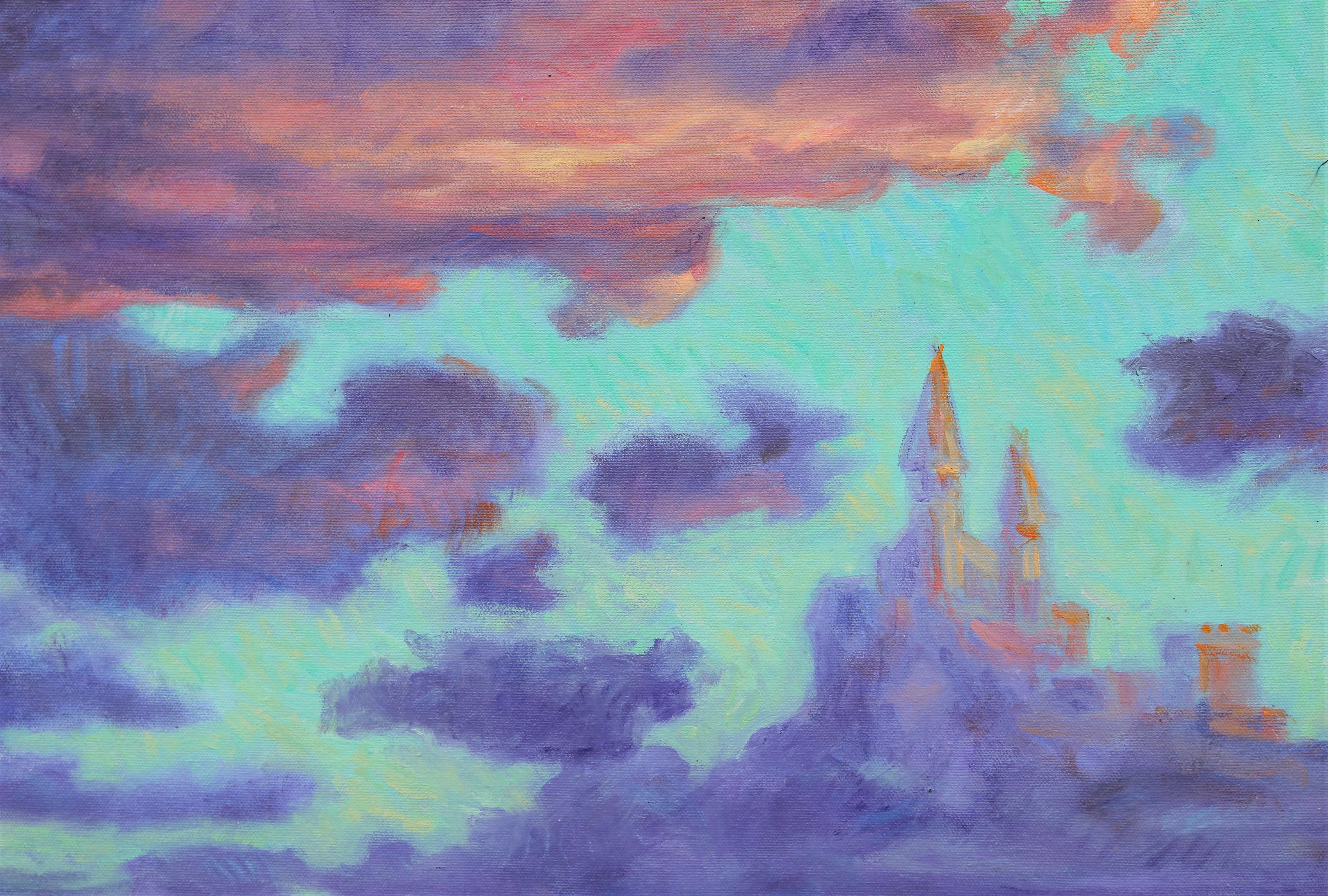 Contemporary painting by Henry David Potwin. Pastel-colored painting with three castles on separate floating clouds. Signed by artist on bottom left corner; titled and dated at the back. Currently displayed in natural maple wooden frame.

Dimensions