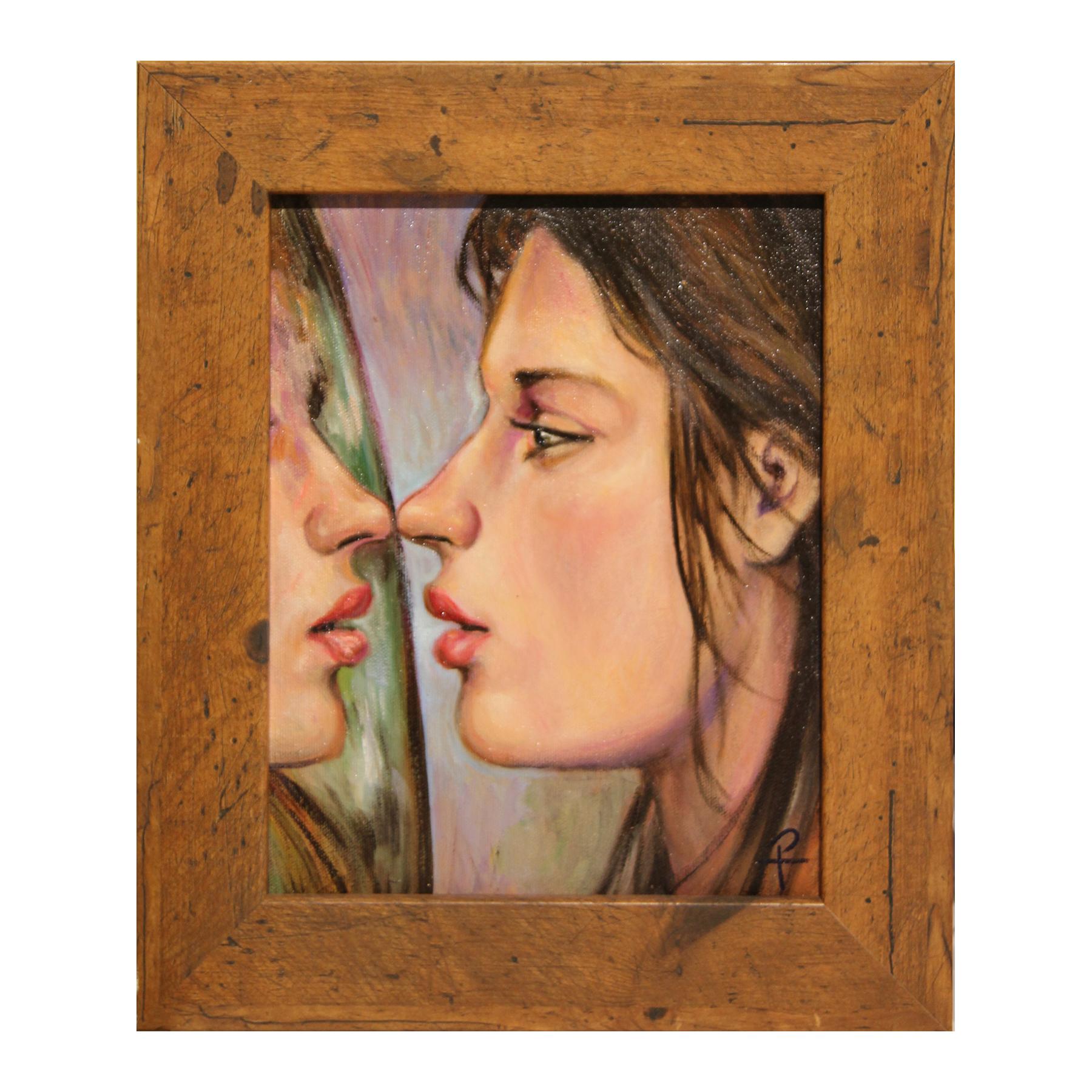 Henry David Potwin Figurative Painting - “Practice Kiss” Pastel Contemporary Surrealist Figurative Portrait of a Woman