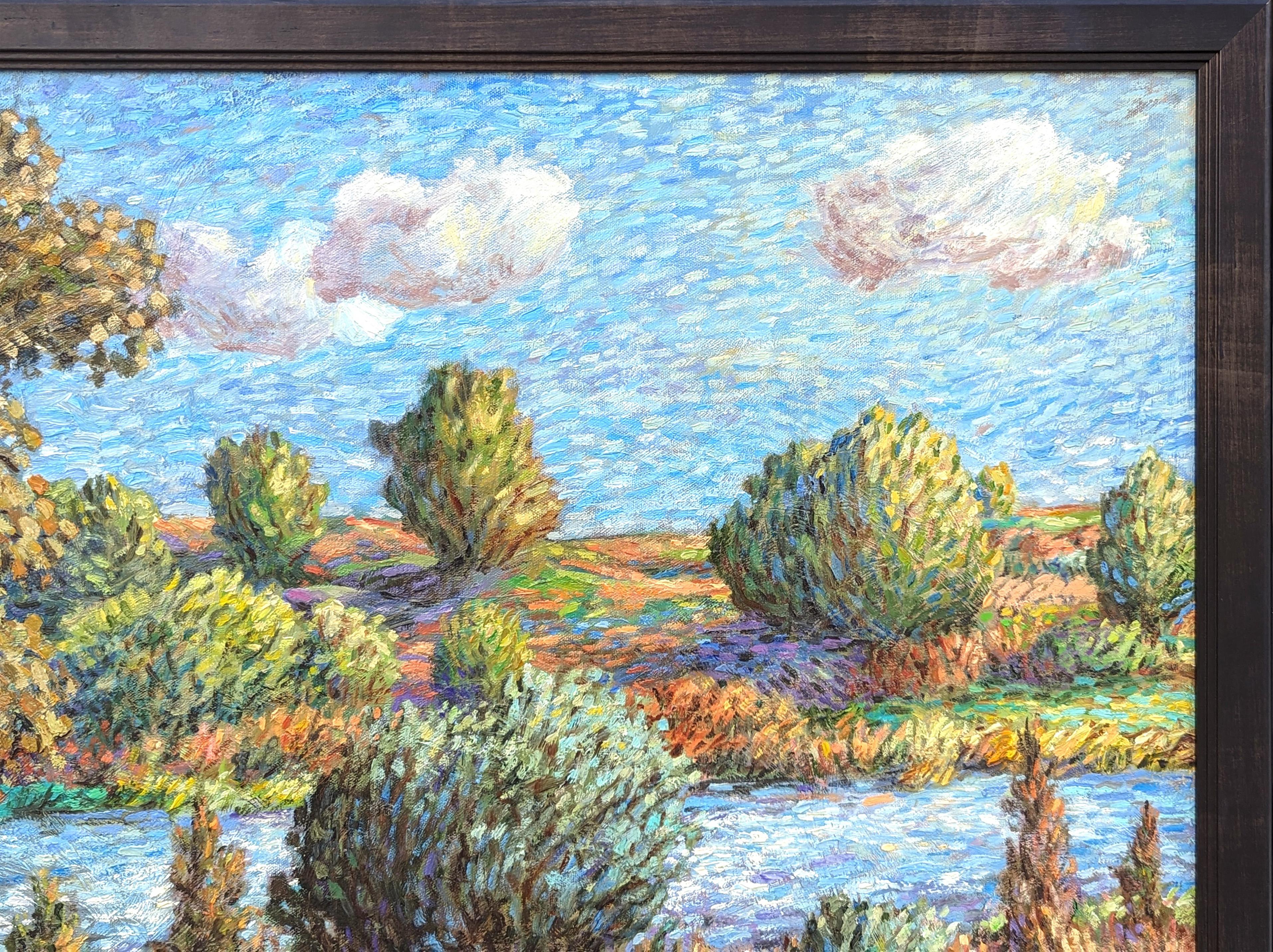 Dipinto colorato e dai toni pastello dell'artista contemporaneo Henry David Potwin. Quest'opera presenta un boschetto di alberi e sterpaglie con un fiume azzurro e cristallino che lo attraversa. Firmato nell'angolo anteriore in basso a destra.