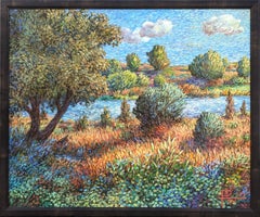 "Riverside" Pittura contemporanea di paesaggio impressionista naturalistico a pastello