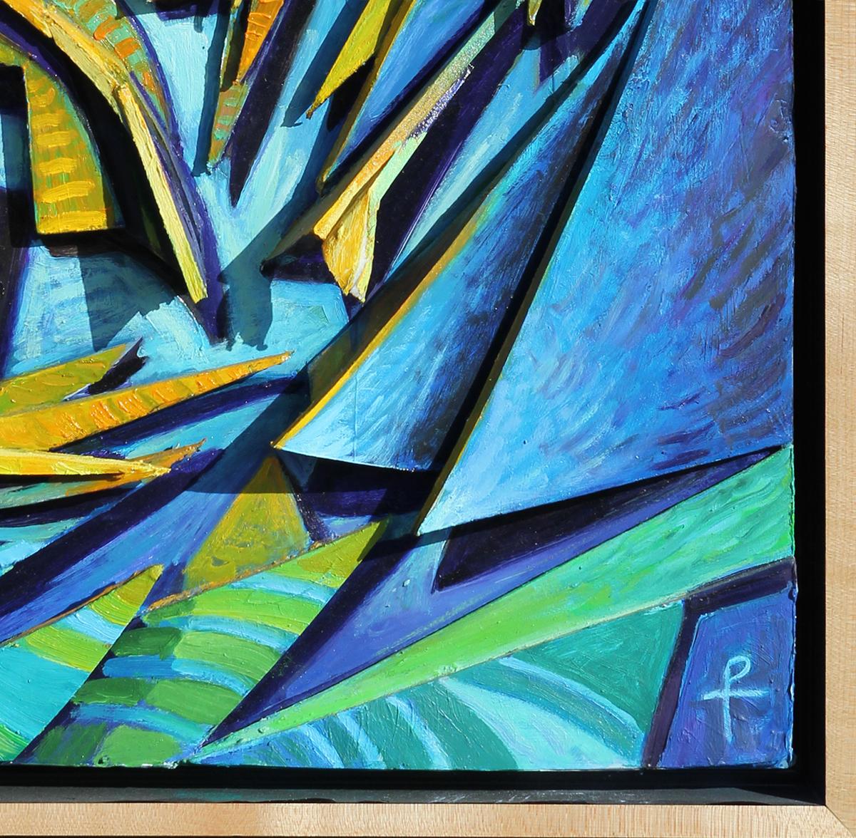 Blue and yellow abstract mixed media landscape painting by contemporary Texas artist Henry David Potwin. The work features a dynamic, three dimensional composition of a sailboat on choppy seas. Signed in front lower right corner. Currently hung in a