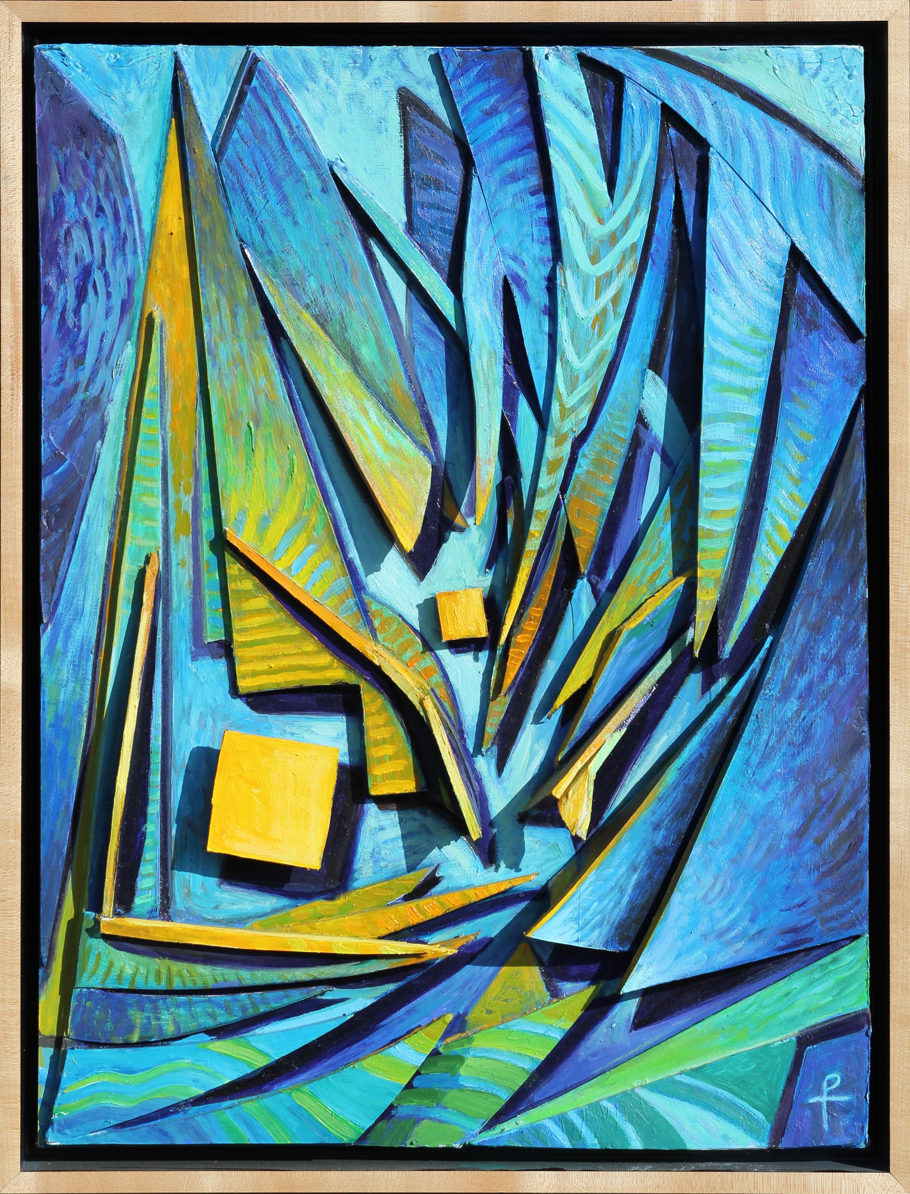 Henry David Potwin Abstract Painting - "Sailing" Blue and Yellow Abstract Geometric Sculptural Painting of Sailboats