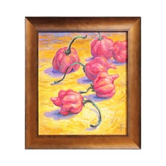 "Six Scorpions" Contemporary Yellow & Red Abstract Pepper Still Life Painting