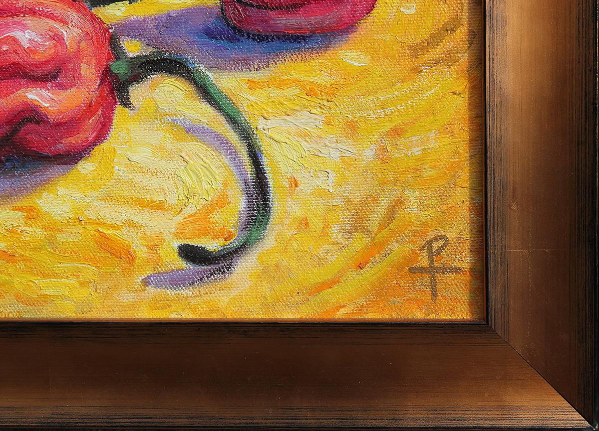 Bodegón abstracto contemporáneo amarillo y rojo del artista tejano Henry David Potwin. Esta obra presenta una agrupación de seis pimientos escorpión, una variedad que es uno de los pimientos más picantes del mundo. Firmado en la esquina inferior