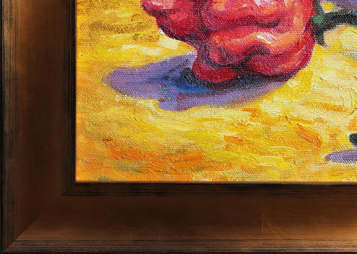 Contemporary yellow and red abstract still life painting by Texas artist Henry David Potwin. This work features a grouping of six scorpion peppers, a variety which are some of the hottest peppers in the world. Signed in front lower right corner as