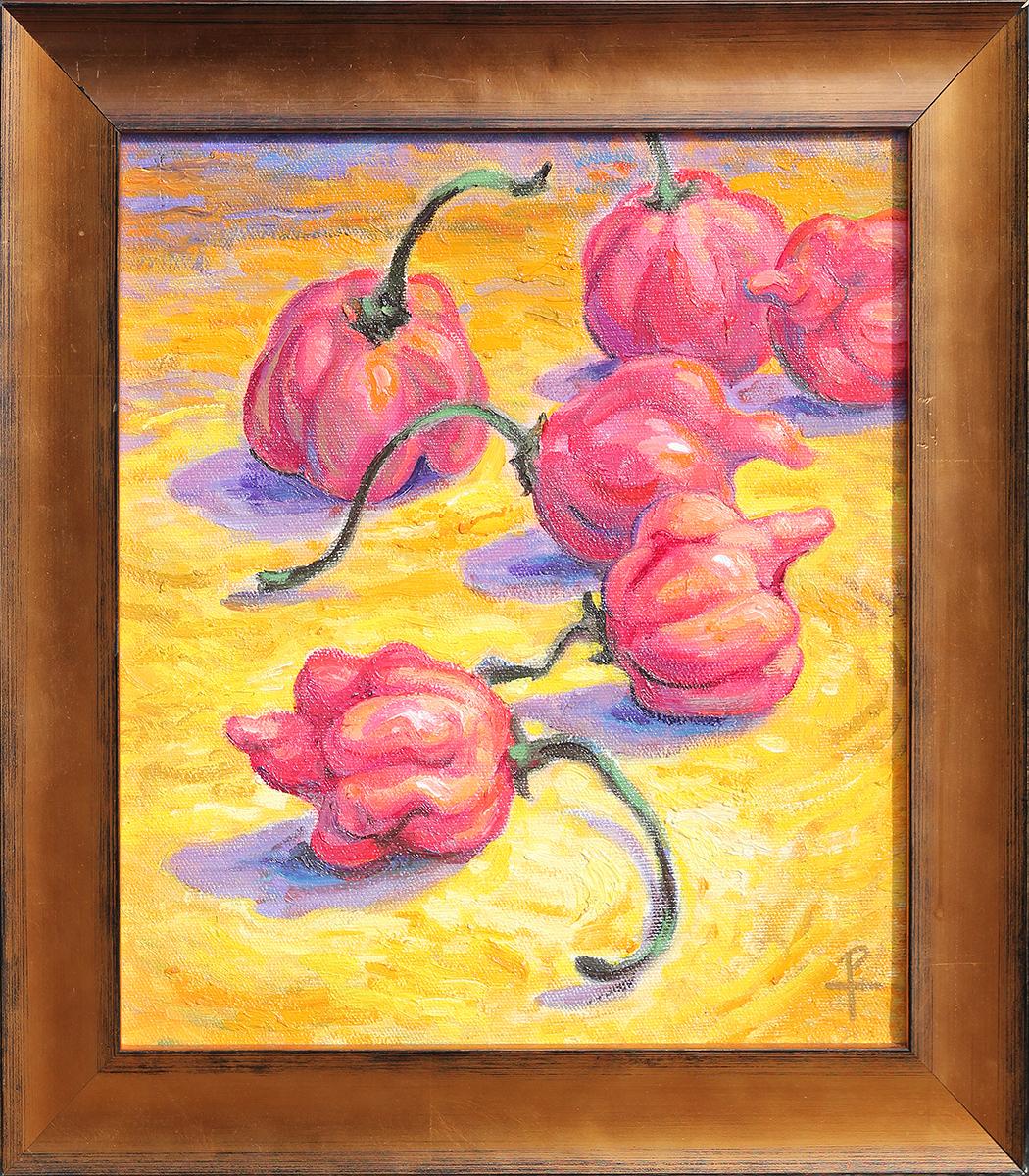 Henry David Potwin Interior Painting - "Six Scorpions" Contemporary Yellow & Red Abstract Pepper Still Life Painting 