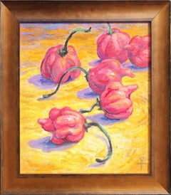 "Six Scorpions" Contemporary Yellow & Red Abstract Pepper Still Life Painting 