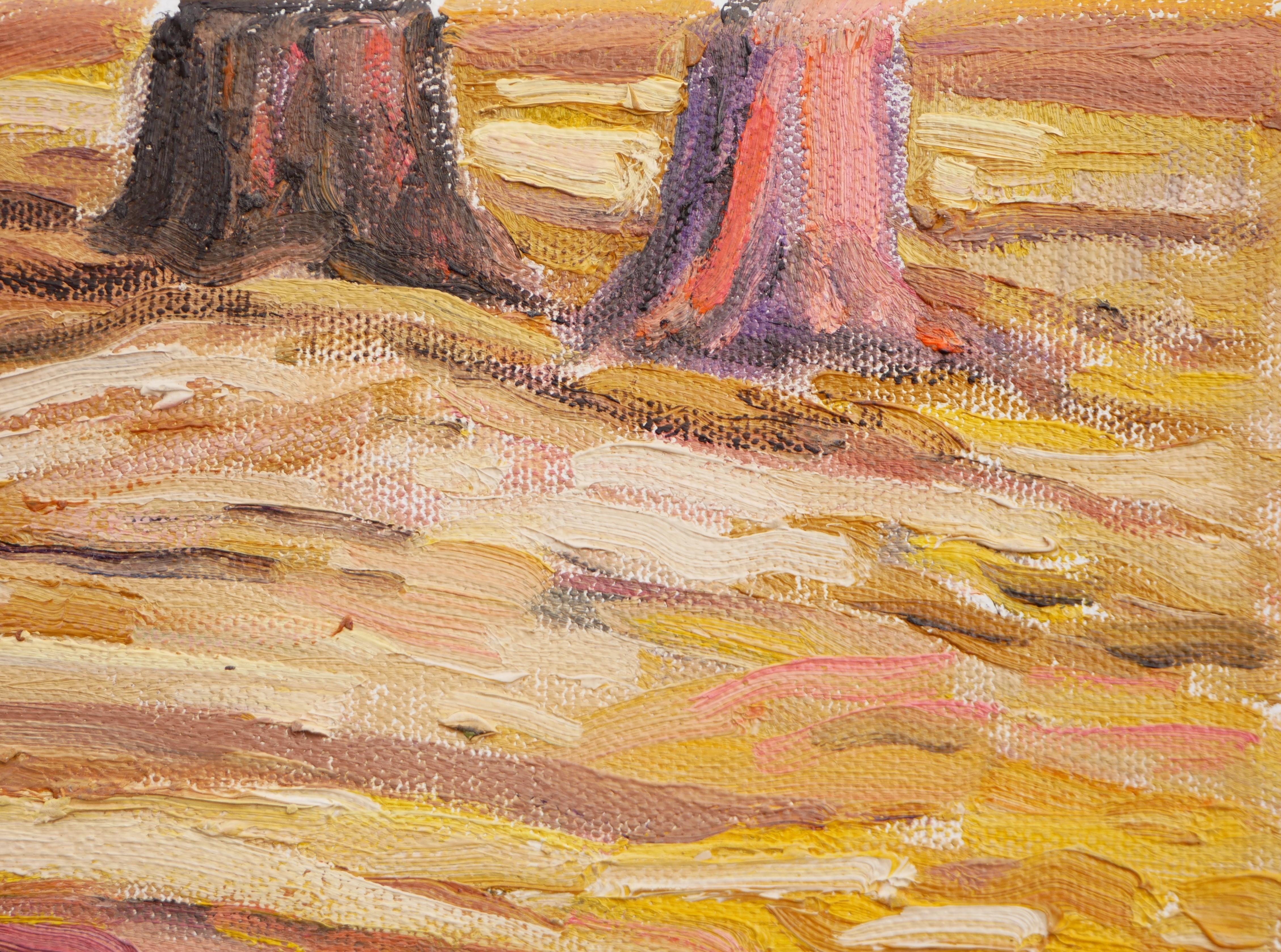 „ Totenkopf Contemplating A Stone“ Zeitgenössisches pastellfarbenes surrealistisches Landschaftsgemälde im Angebot 6