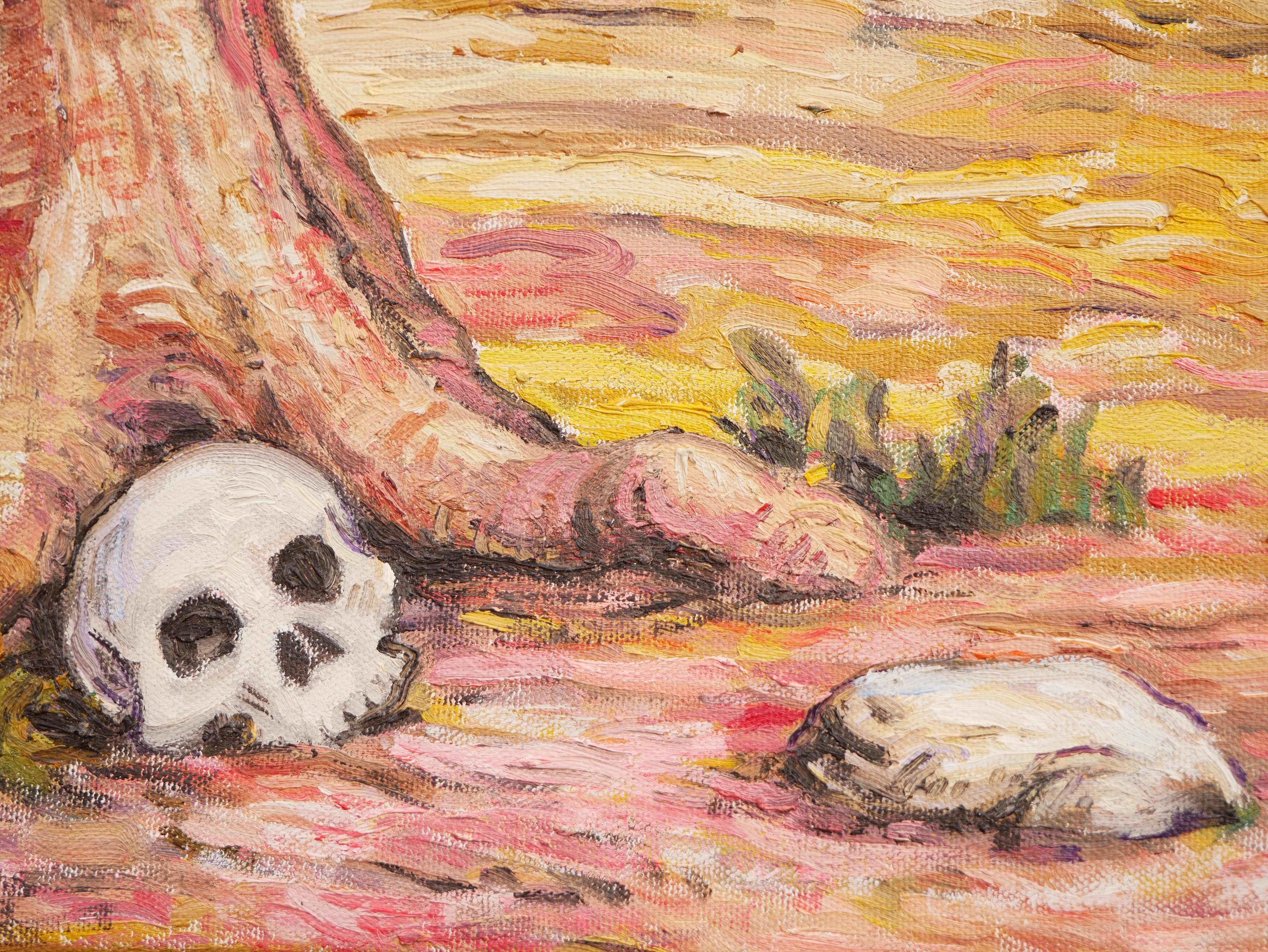 „ Totenkopf Contemplating A Stone“ Zeitgenössisches pastellfarbenes surrealistisches Landschaftsgemälde im Angebot 10