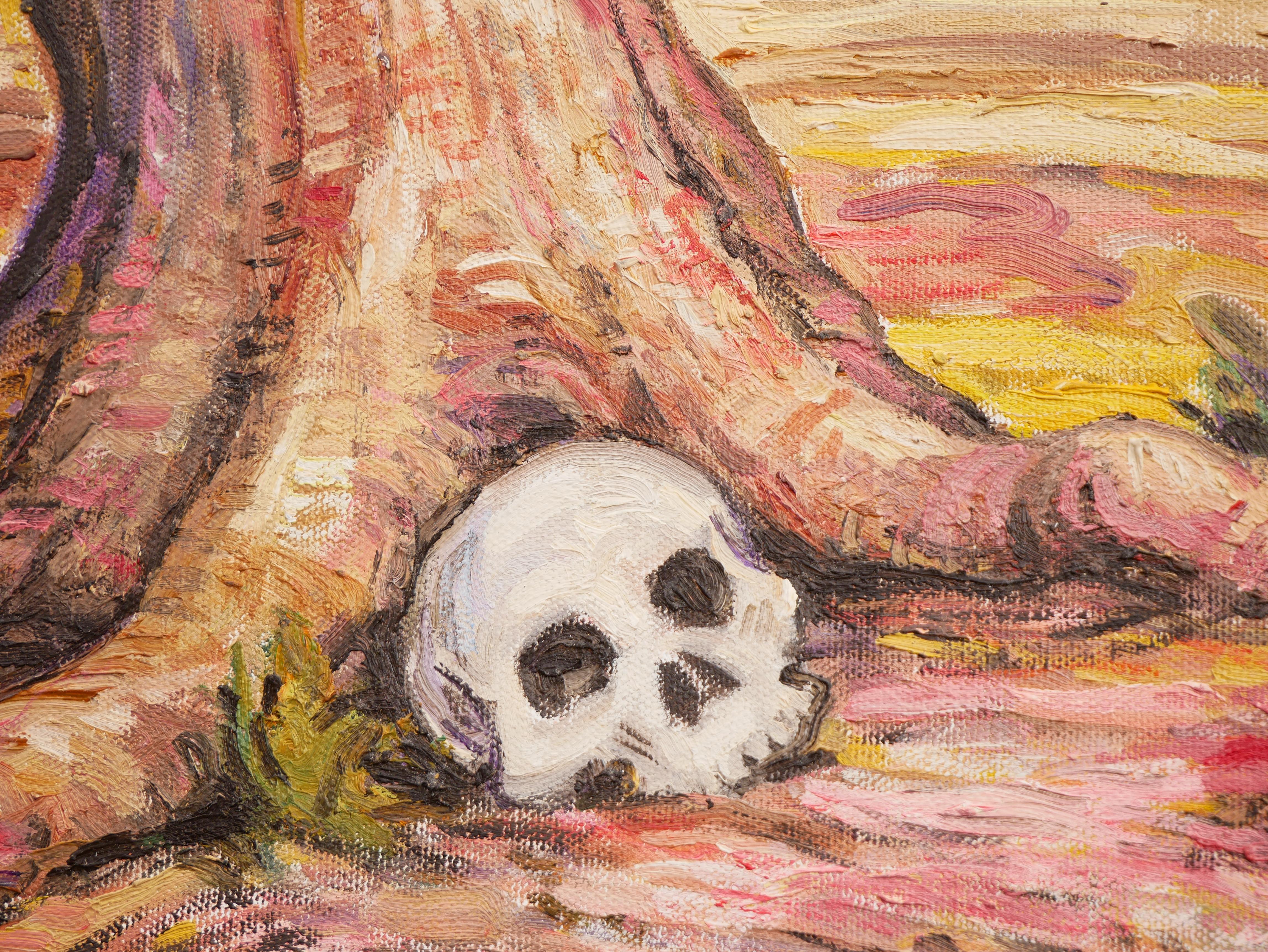 „ Totenkopf Contemplating A Stone“ Zeitgenössisches pastellfarbenes surrealistisches Landschaftsgemälde im Angebot 11
