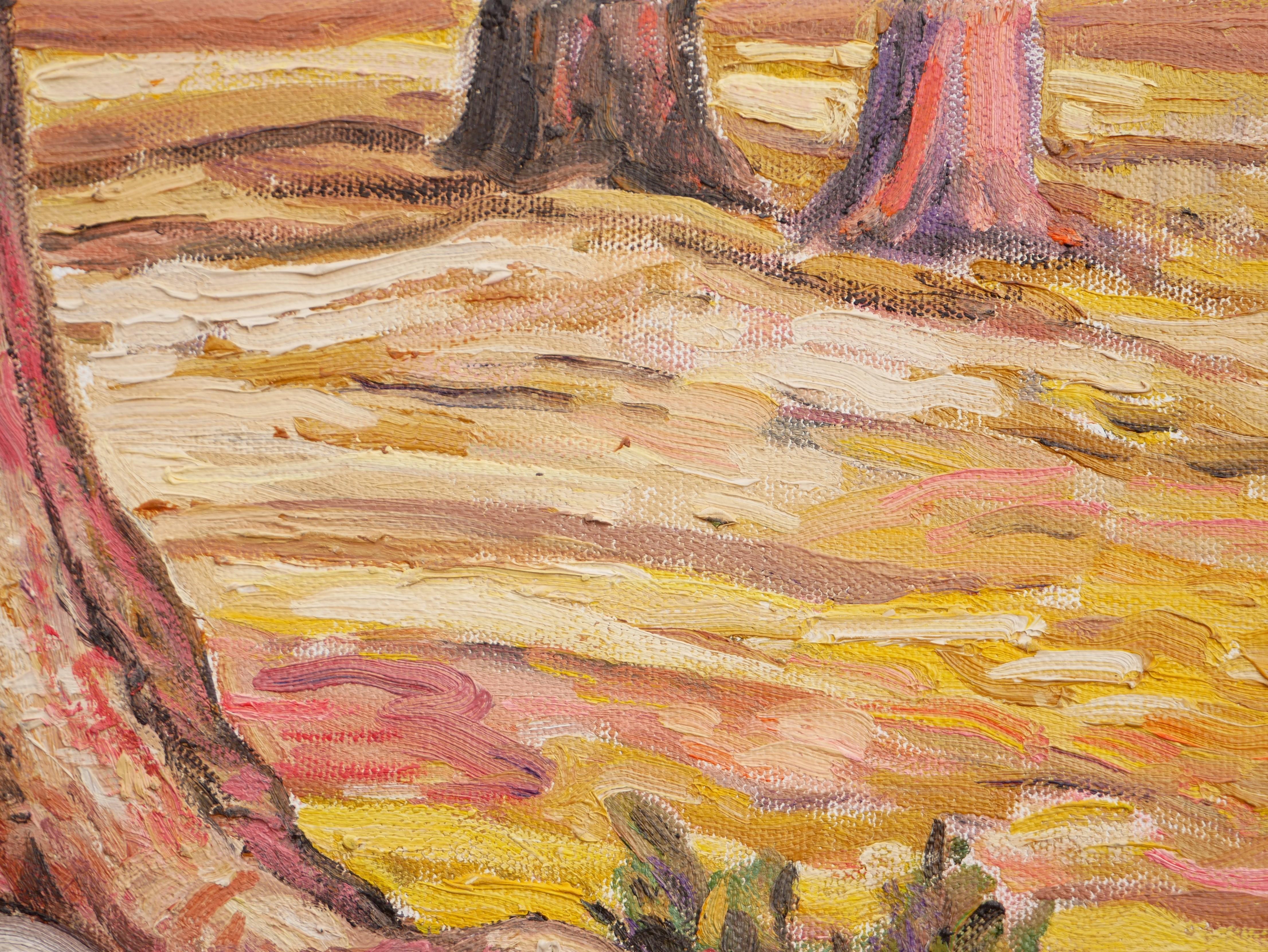 „ Totenkopf Contemplating A Stone“ Zeitgenössisches pastellfarbenes surrealistisches Landschaftsgemälde im Angebot 12