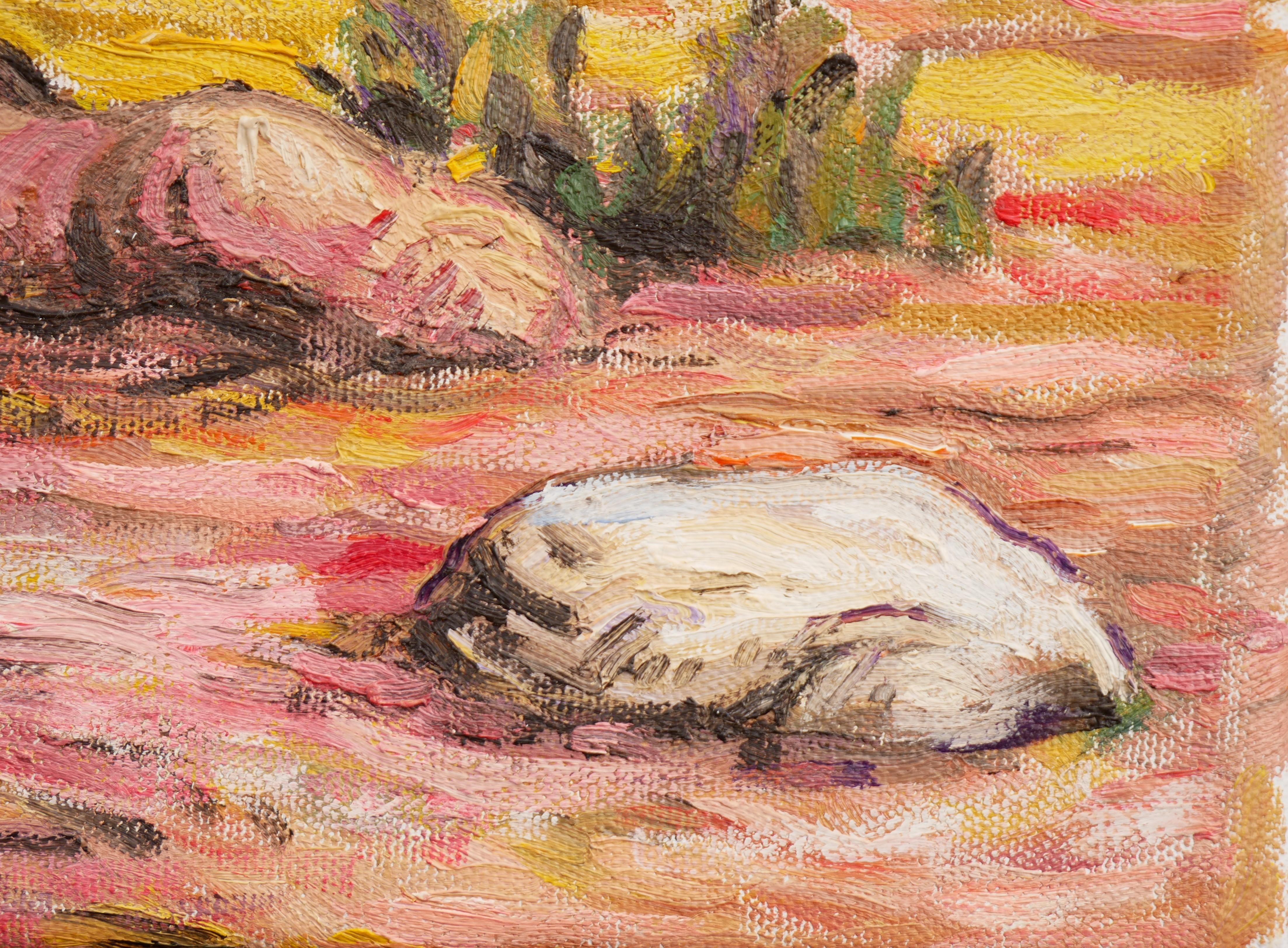 Buntes, pastellfarbenes Gemälde des zeitgenössischen Künstlers Henry David Potwin. Dieses Werk zeigt eine rosafarbene und gelbe Landschaftsszene mit einem Totenkopf, der am Fuße eines Baumes sitzt und über einen Stein in der Nähe nachdenkt. Signiert