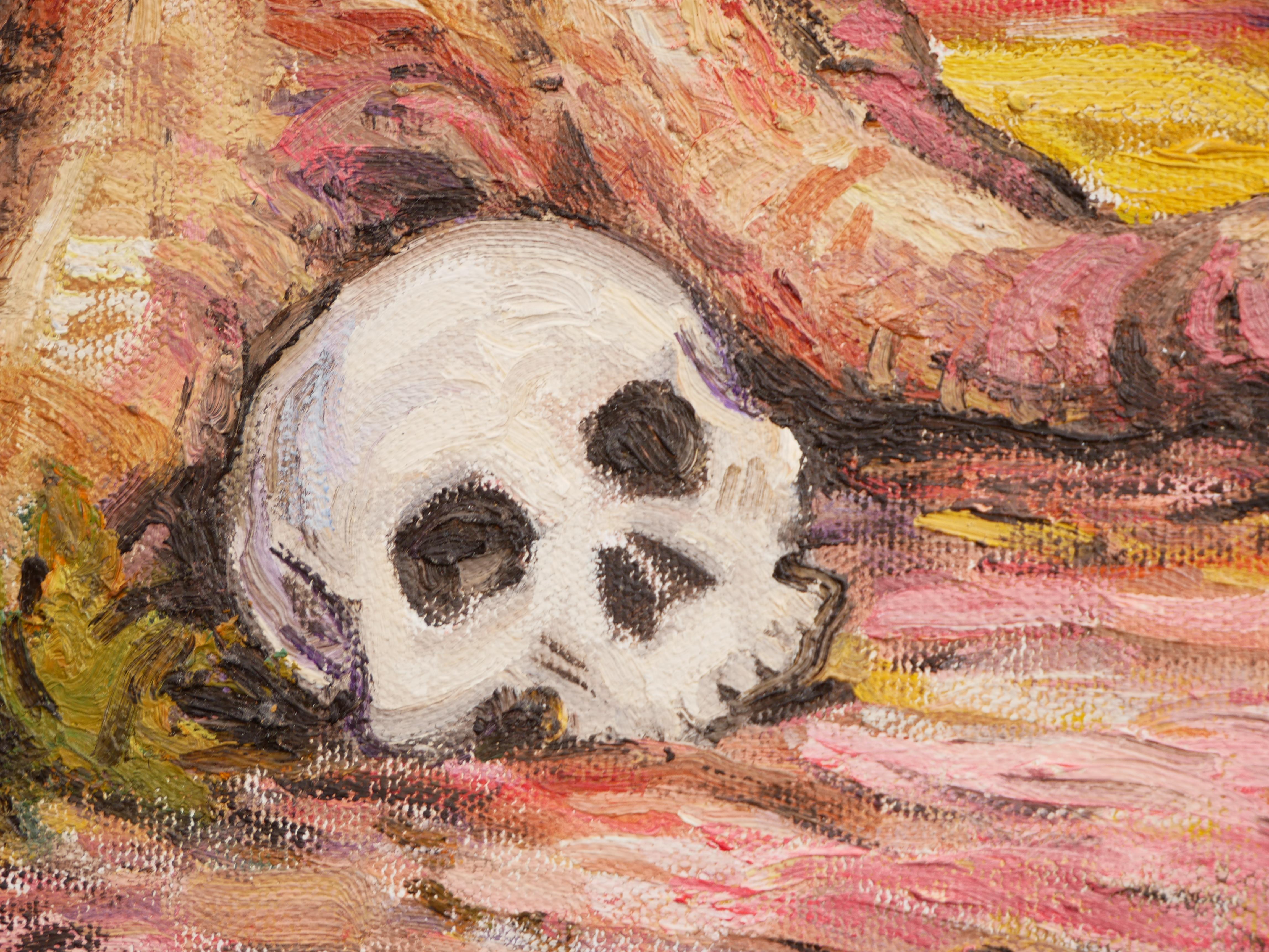 Pintura colorista en tonos pastel del artista contemporáneo Henry David Potwin. Esta obra presenta una escena paisajística en tonos rosas y amarillos con una calavera sentada al pie de un árbol, contemplando una piedra cercana. Firmado en la esquina