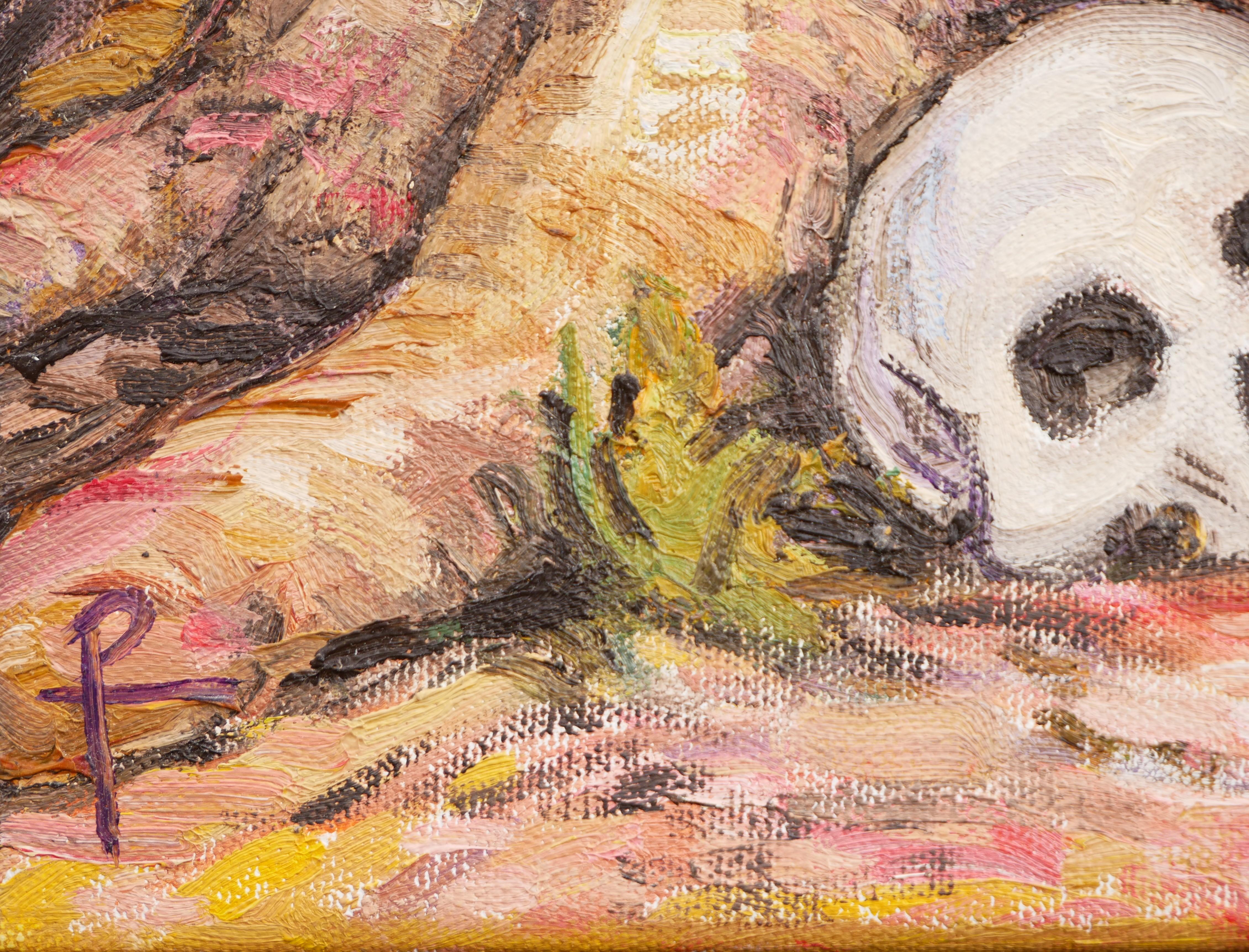 „ Totenkopf Contemplating A Stone“ Zeitgenössisches pastellfarbenes surrealistisches Landschaftsgemälde im Angebot 2