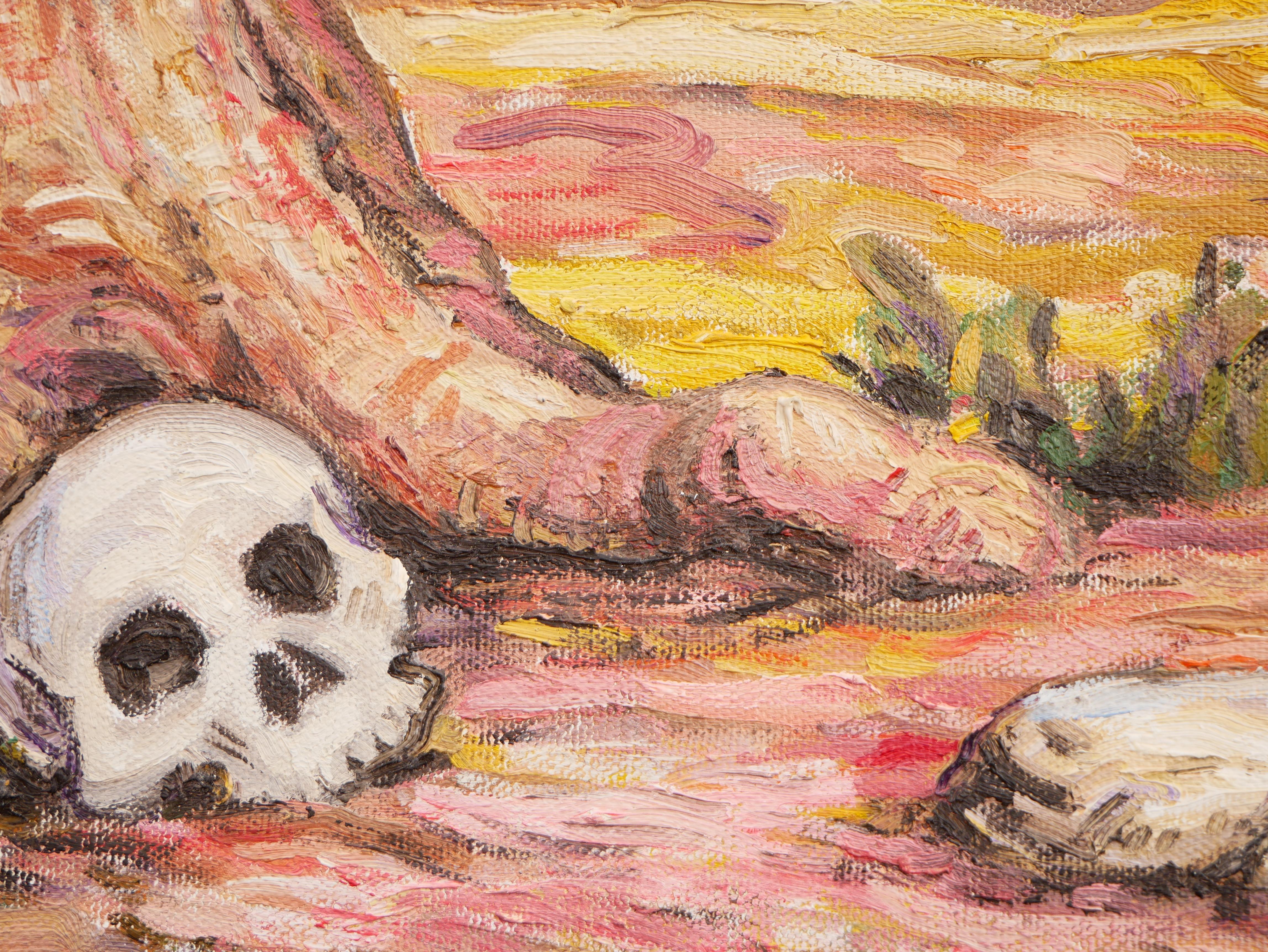 „ Totenkopf Contemplating A Stone“ Zeitgenössisches pastellfarbenes surrealistisches Landschaftsgemälde im Angebot 4