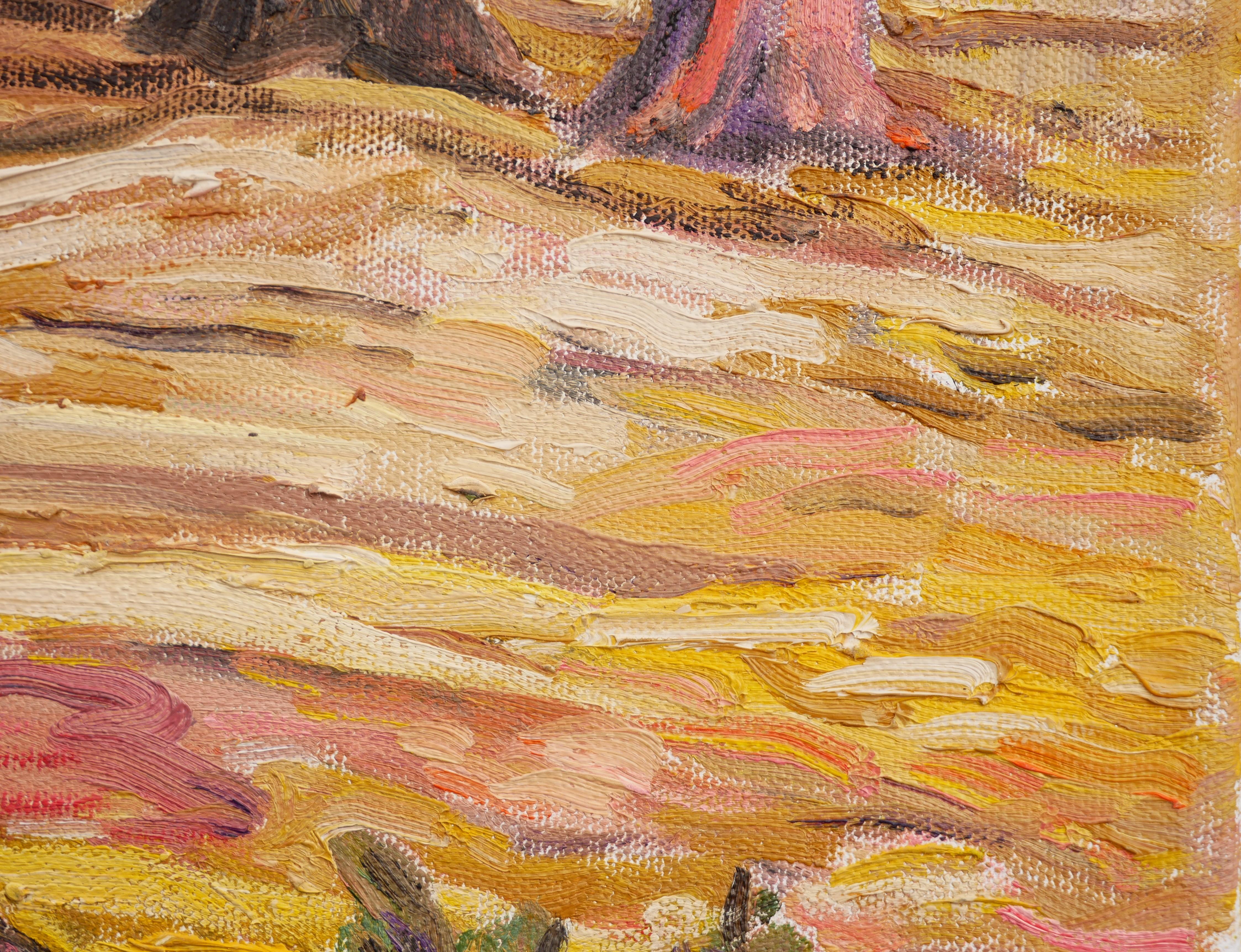 „ Totenkopf Contemplating A Stone“ Zeitgenössisches pastellfarbenes surrealistisches Landschaftsgemälde im Angebot 5