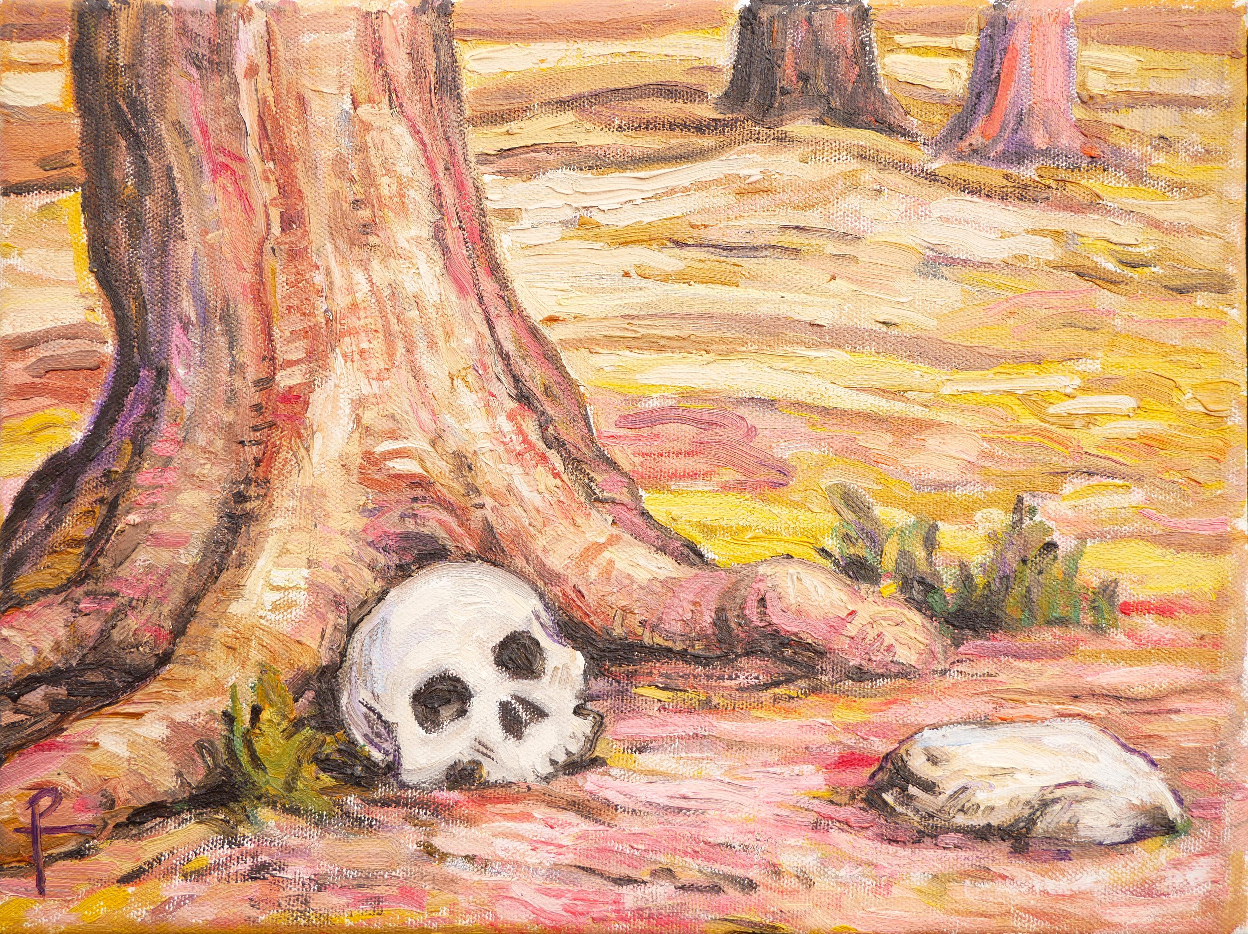 „ Totenkopf Contemplating A Stone“ Zeitgenössisches pastellfarbenes surrealistisches Landschaftsgemälde
