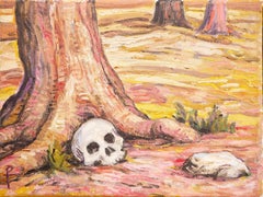 "Skull Contemplating A Stone" Contemporary Pastel Surrealist Landscape Painting