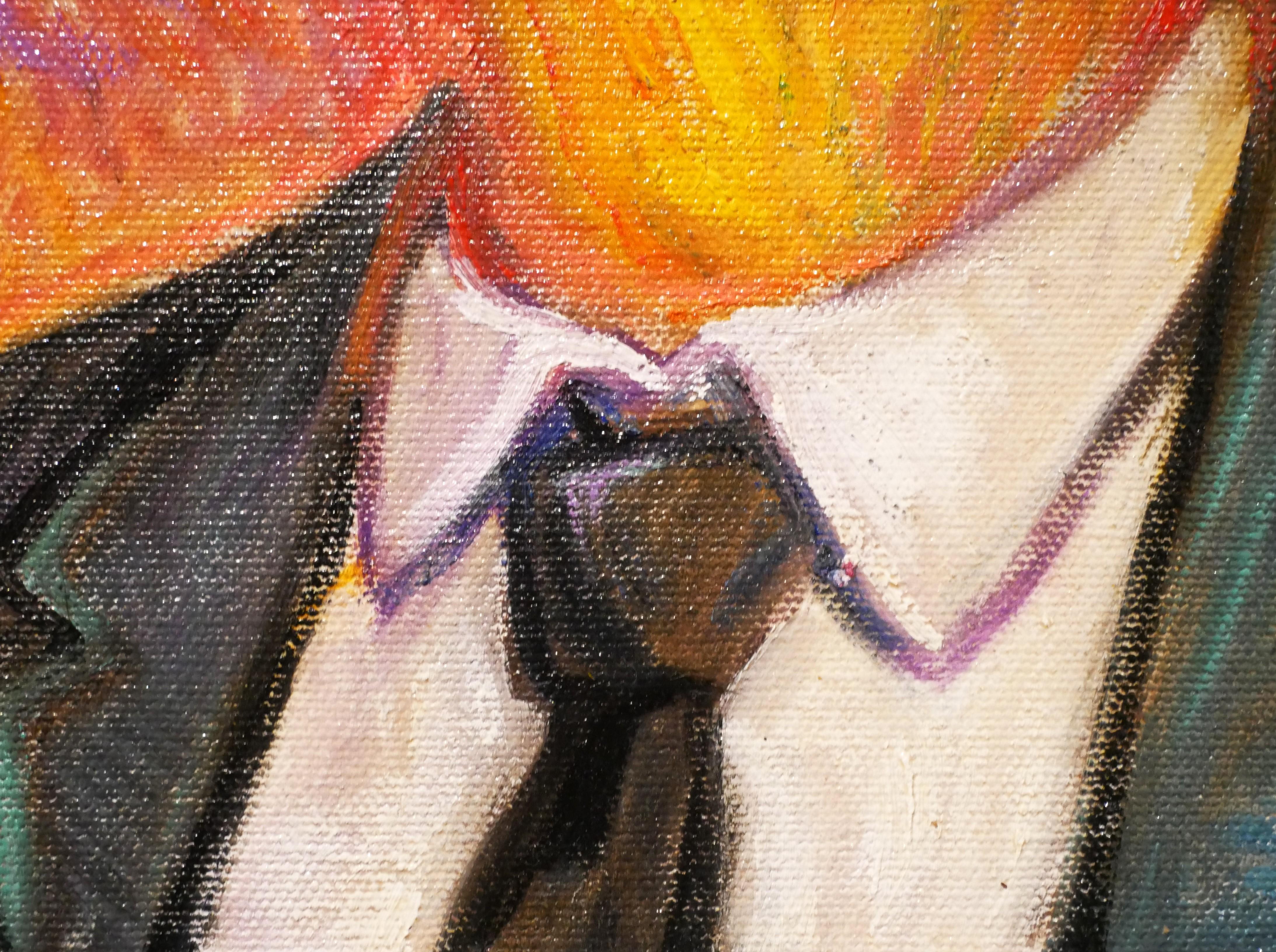 Colorido retrato surrealista pintado por el artista tejano contemporáneo Henry David Potwin. La obra muestra una figura con traje y corbata y gafas de sol que estalla espontáneamente en llamas sobre un fondo morado. Firmado en la esquina inferior