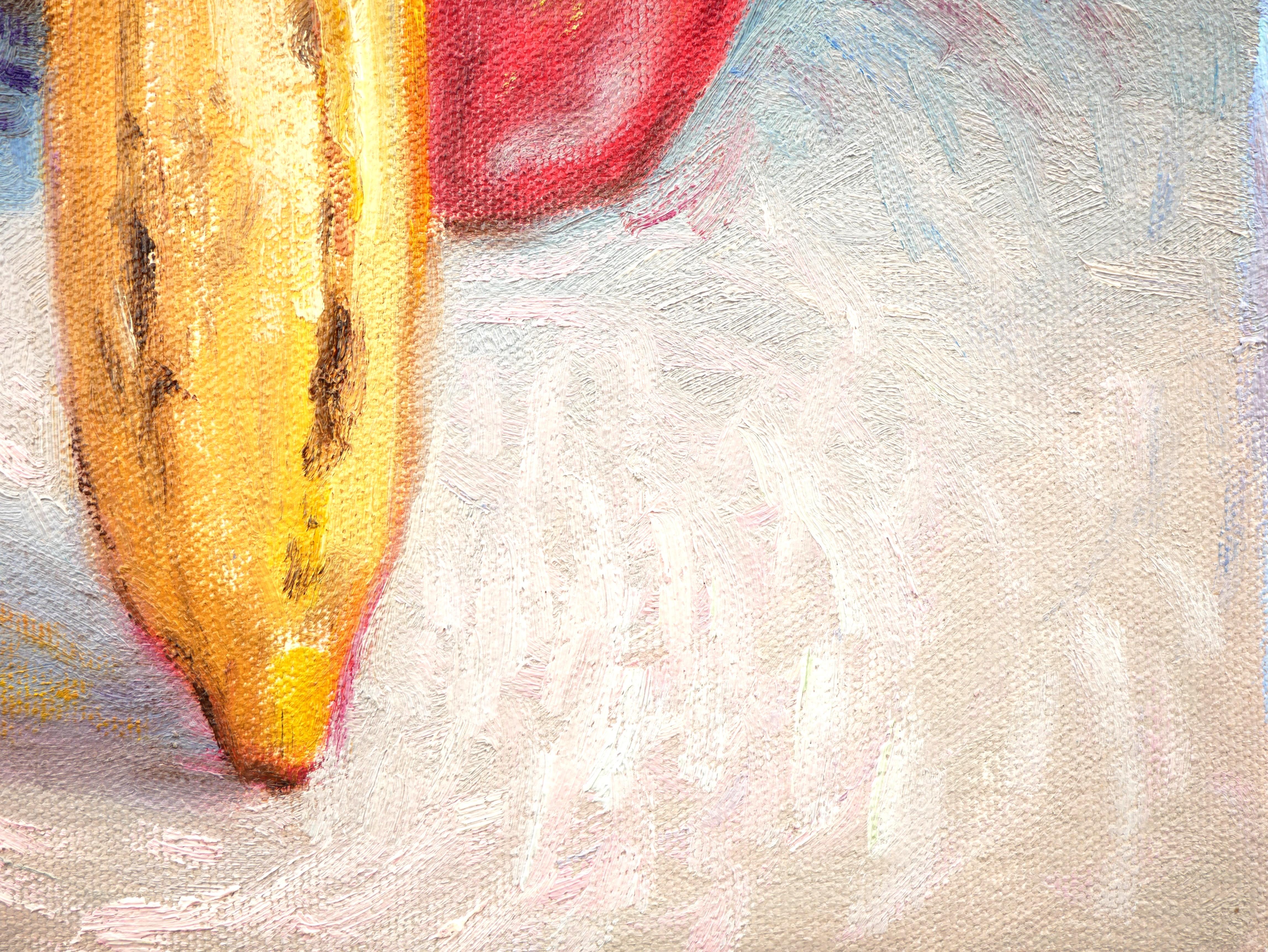 Colorato dipinto surrealista realizzato dall'artista contemporaneo Henry David Potwin. Il pezzo presenta due mele rosse, entrambe con sfumature diverse, e una banana matura seduta tra le due. Firmato in basso a destra. Titolato e datato sul retro.