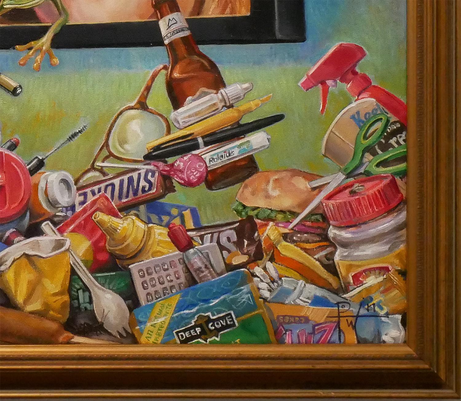 Colorful surrealist painting by contemporary Texas artist Henry David Potwin. The work features a woman on a screen with a frog coming out of her mouth surrounded by a variety of consumer products. Signed in front lower right corner. Titled and