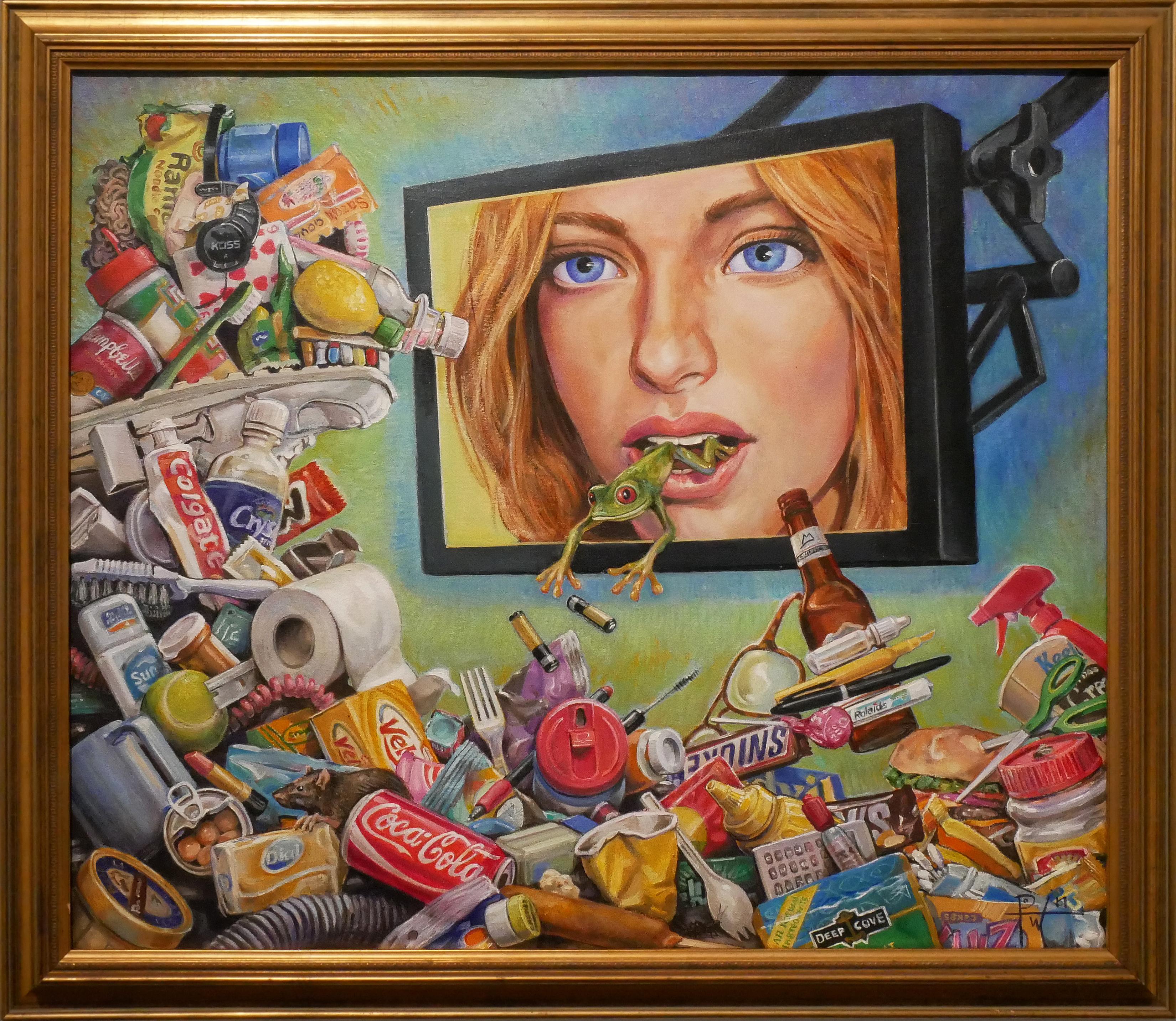 Henry David Potwin Abstract Painting - "Talking Trash" Colorful Contemporary Surrealist Social Commentary Painting 