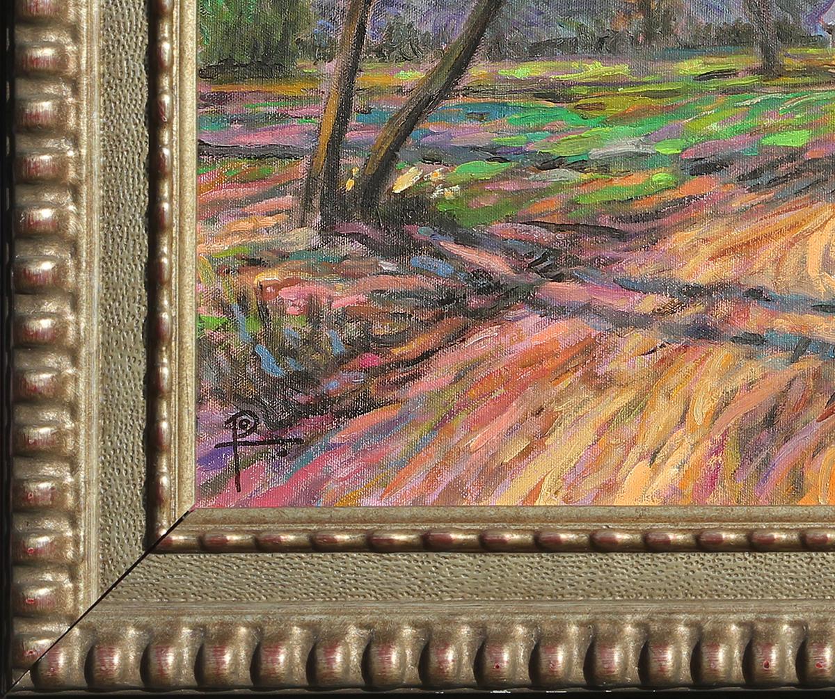 Yellow, orange, green, and purple toned abstract rural landscape painting by contemporary Texas artist Henry David Potwin. The work features a small farm house flanked by trees inspired by the loose brushwork and bold colors of the