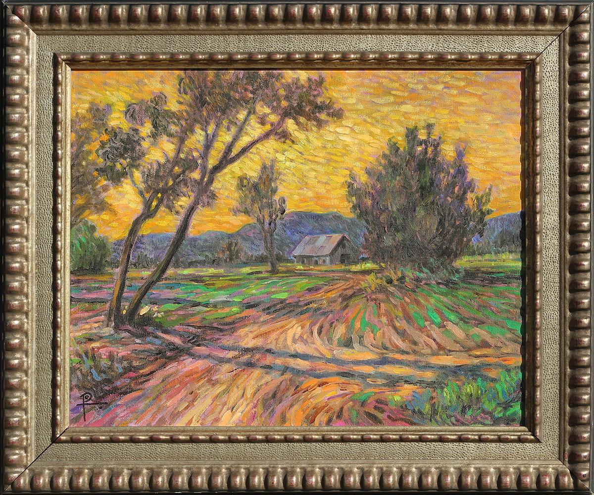 Henry David Potwin Abstract Painting - "Twilight Ozarks" Yellow, Orange, and Purple Post-Impressionist Rural Landscape