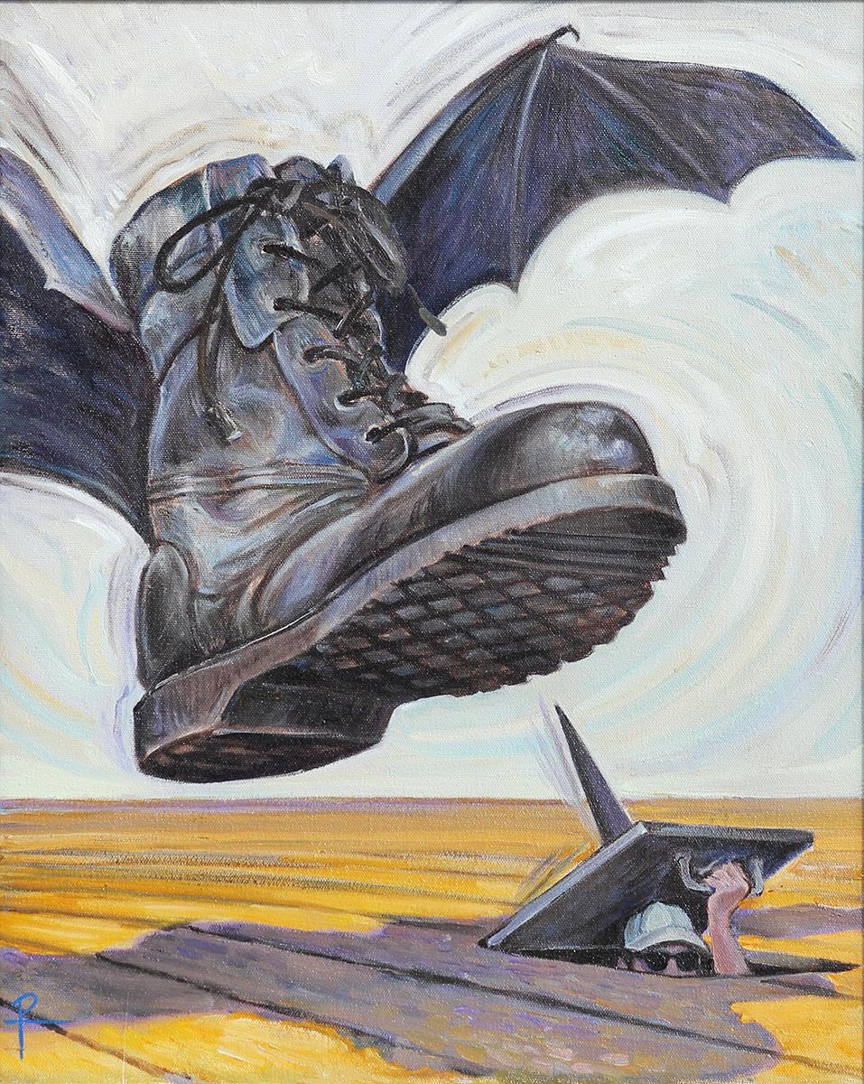 Zeitgenössisches surrealistisches Gemälde eines fliegenden Stiefels „Underground Resistance“ (Schwarz), Abstract Painting, von Henry David Potwin