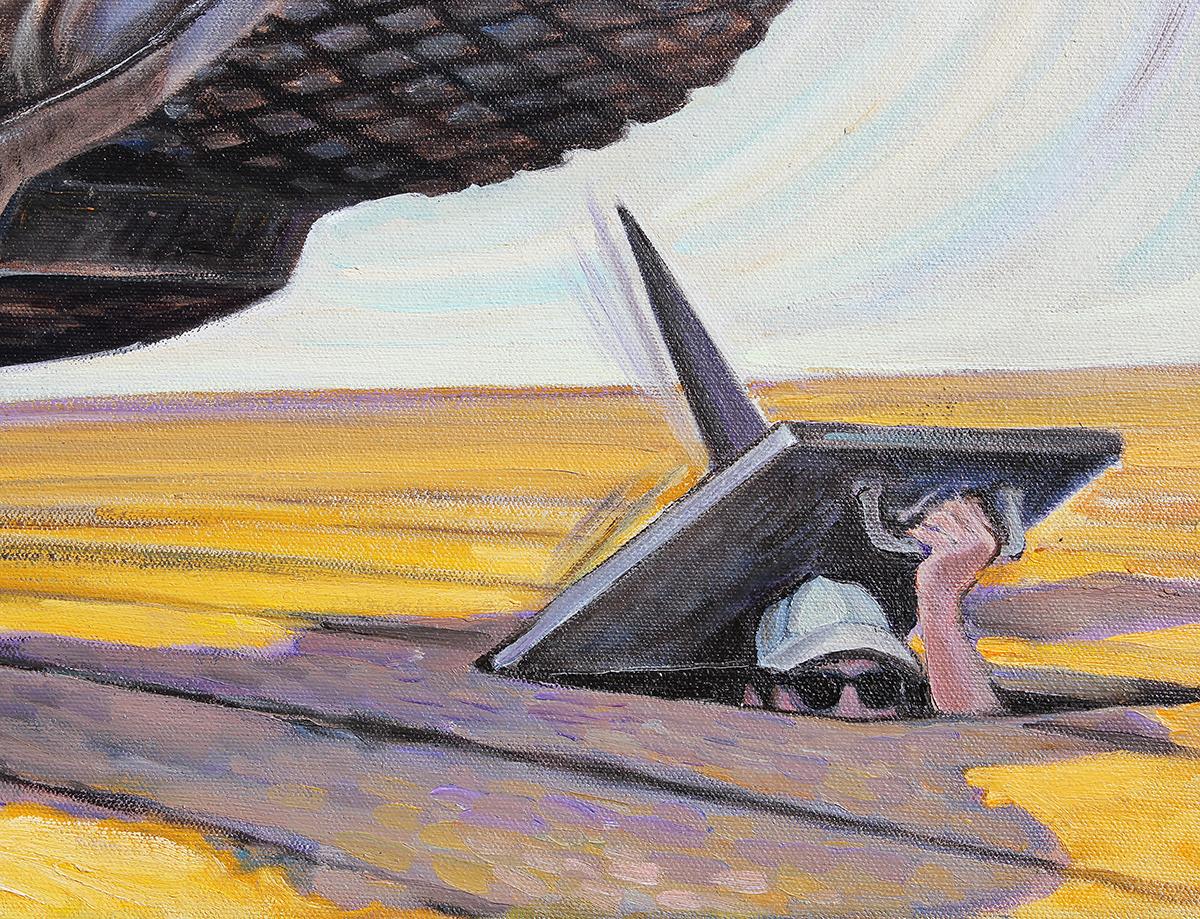 Zeitgenössische surrealistische Malerei des texanischen Künstlers Henry David Potwin. Dieses Werk zeigt einen kunstvoll gestalteten Stiefel mit Flügeln, der sich auf eine versteckte Person stürzt  unter einer Falltür. Signiert in der linken unteren