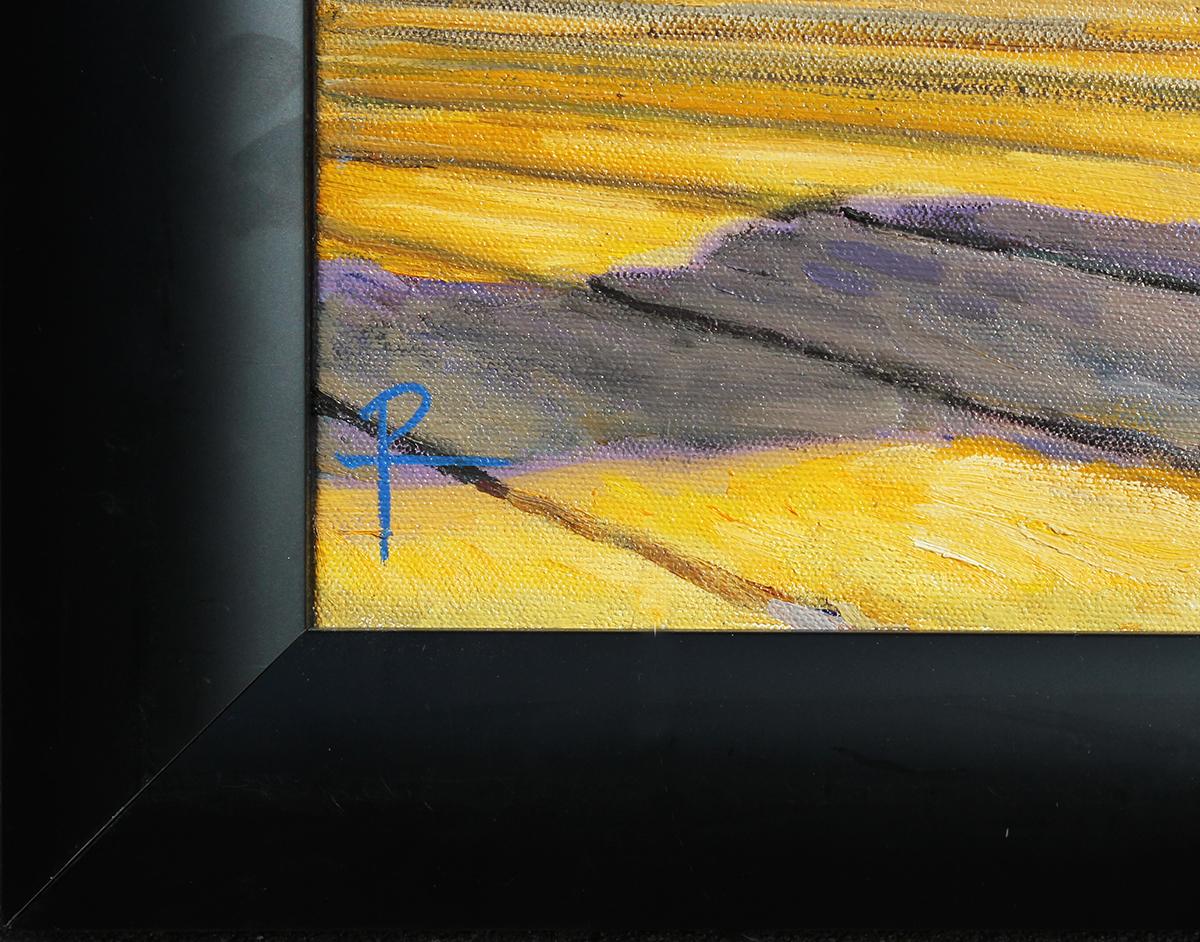 Pittura surrealista contemporanea dell'artista texano Henry David Potwin. Quest'opera presenta uno stivale intricato con delle ali che scende su una persona nascosta.  sotto una botola. Firmato in basso a sinistra. Titolato e datato sul retro.