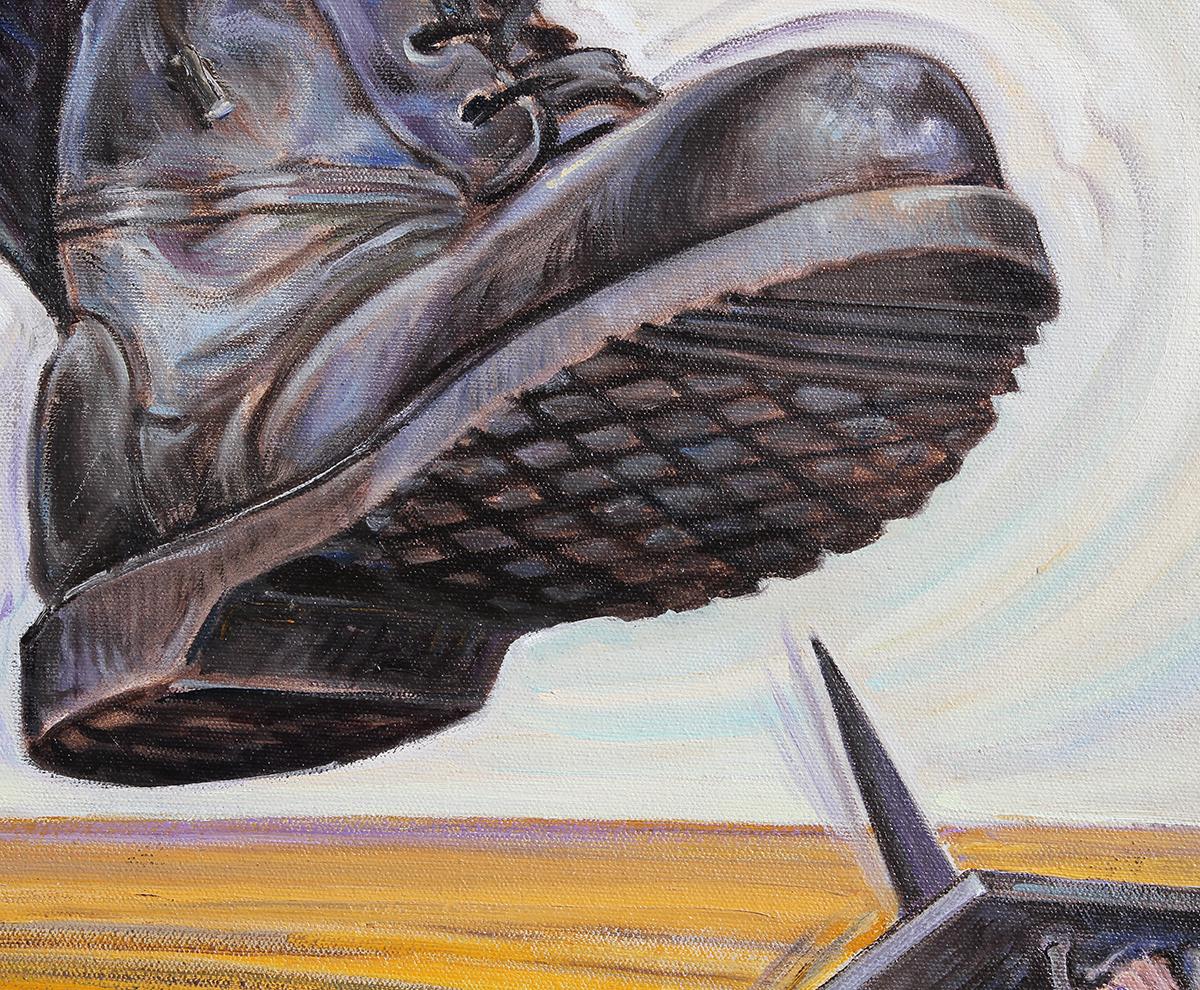 Zeitgenössisches surrealistisches Gemälde eines fliegenden Stiefels „Underground Resistance“ im Angebot 5