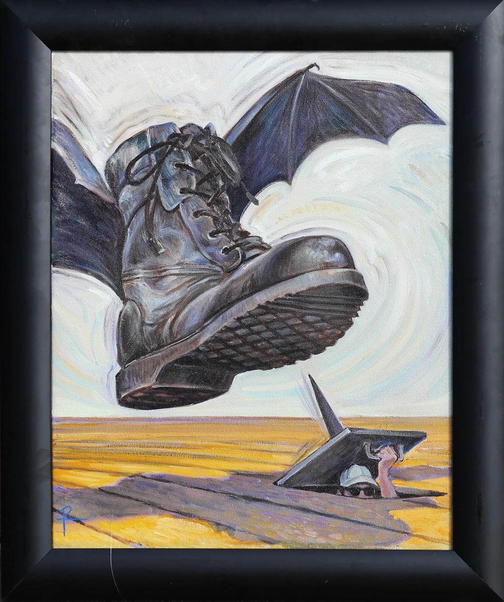 Henry David Potwin Abstract Painting – Zeitgenössisches surrealistisches Gemälde eines fliegenden Stiefels „Underground Resistance“