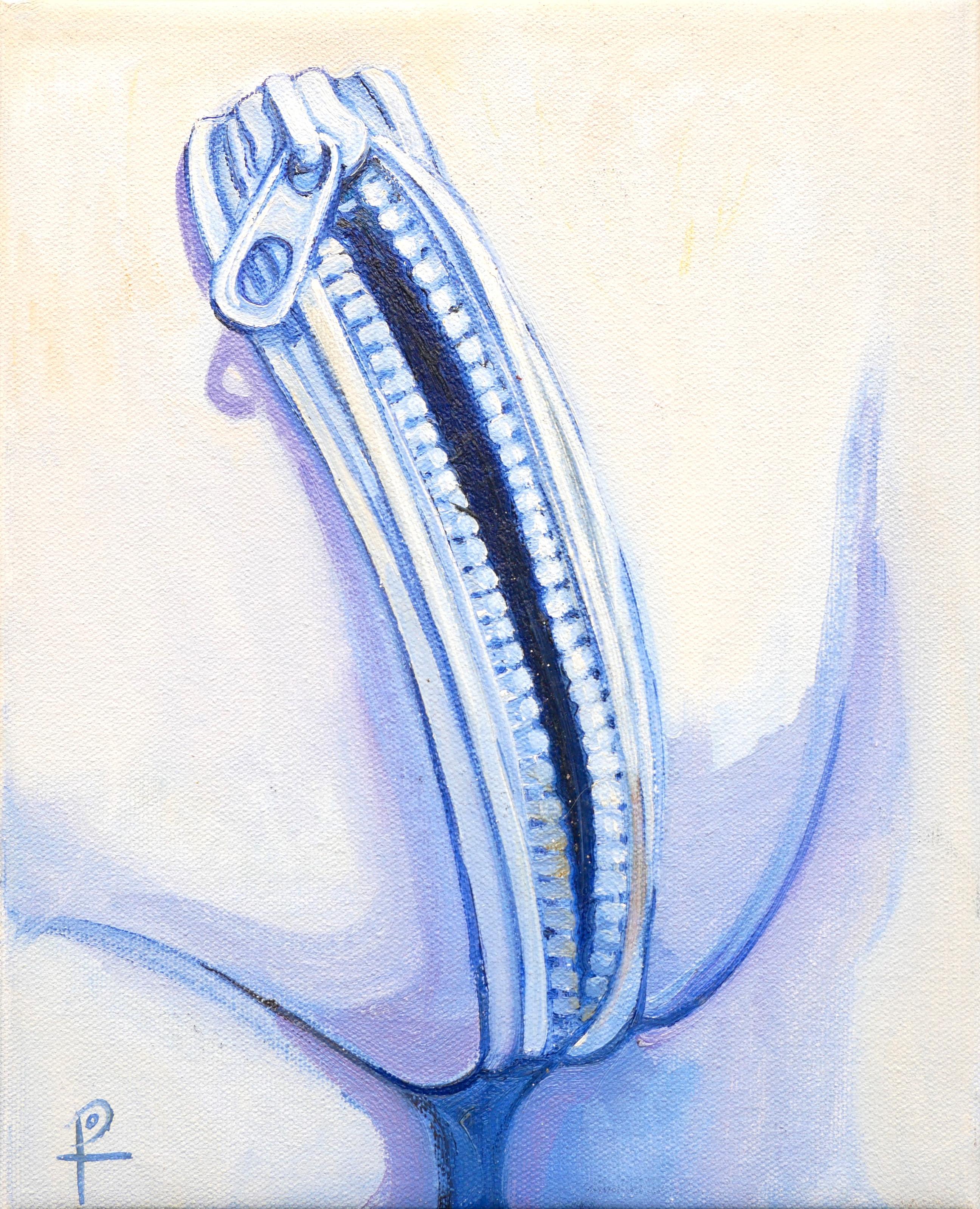 Pastel blue-toned surrealist painting done by artist Henry David Potwin. This work features an enlarged unzipped zipper acting as a woman's genital parts. Signed at bottom left corner. Titled and dated on reverse. Currently unframed, but options are