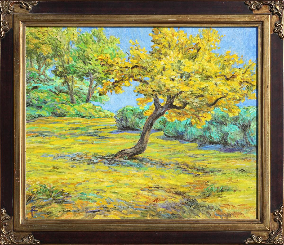 Henry David Potwin Landscape Painting - "Yellow Tree" Modern Post-Impressionist Yellow & Blue Abstract Forest Landscape