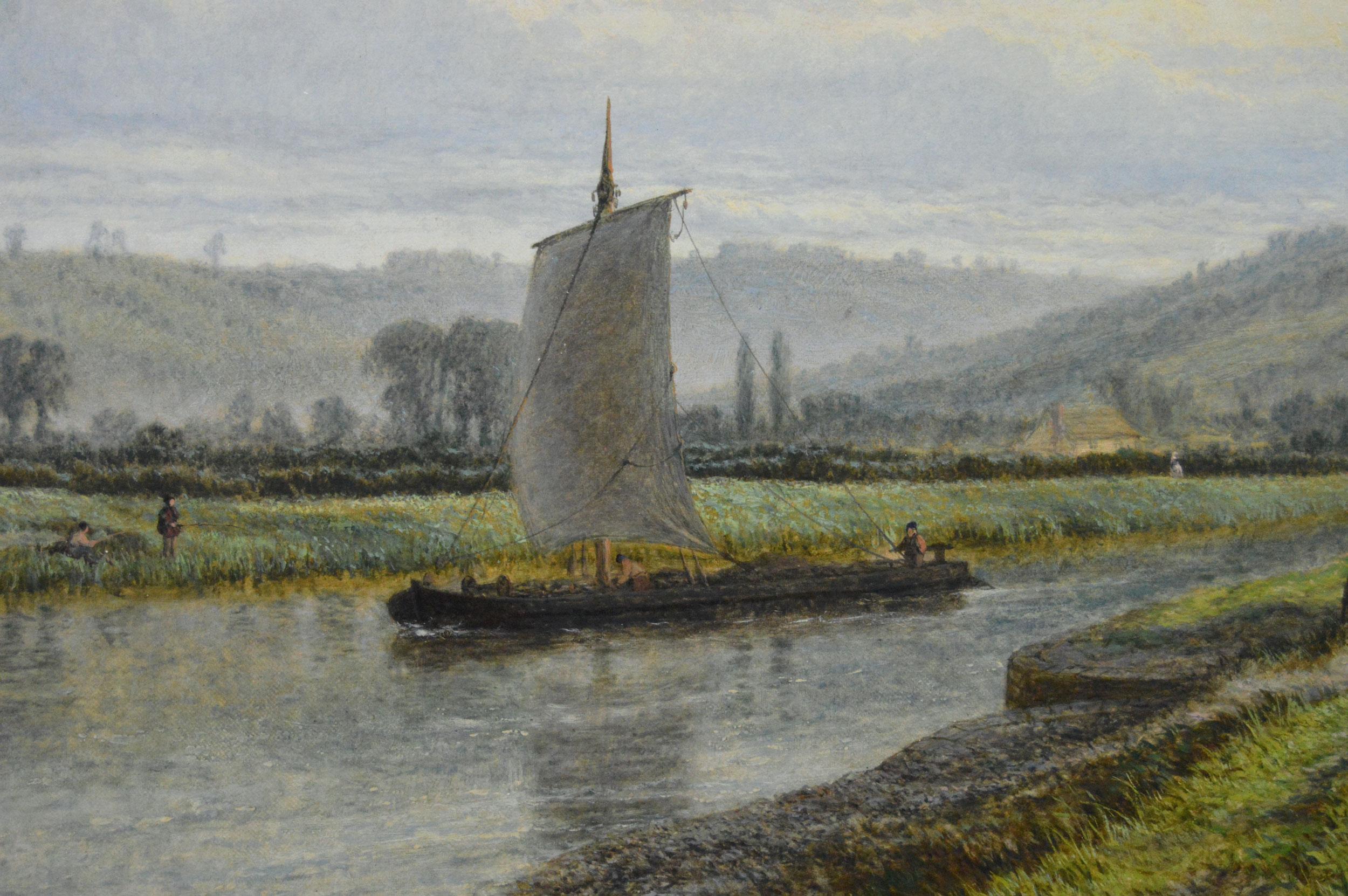 Pintura al óleo de paisaje fluvial del siglo XIX de Colwich Hills - Landscape Painting Marrón de Henry Dawson