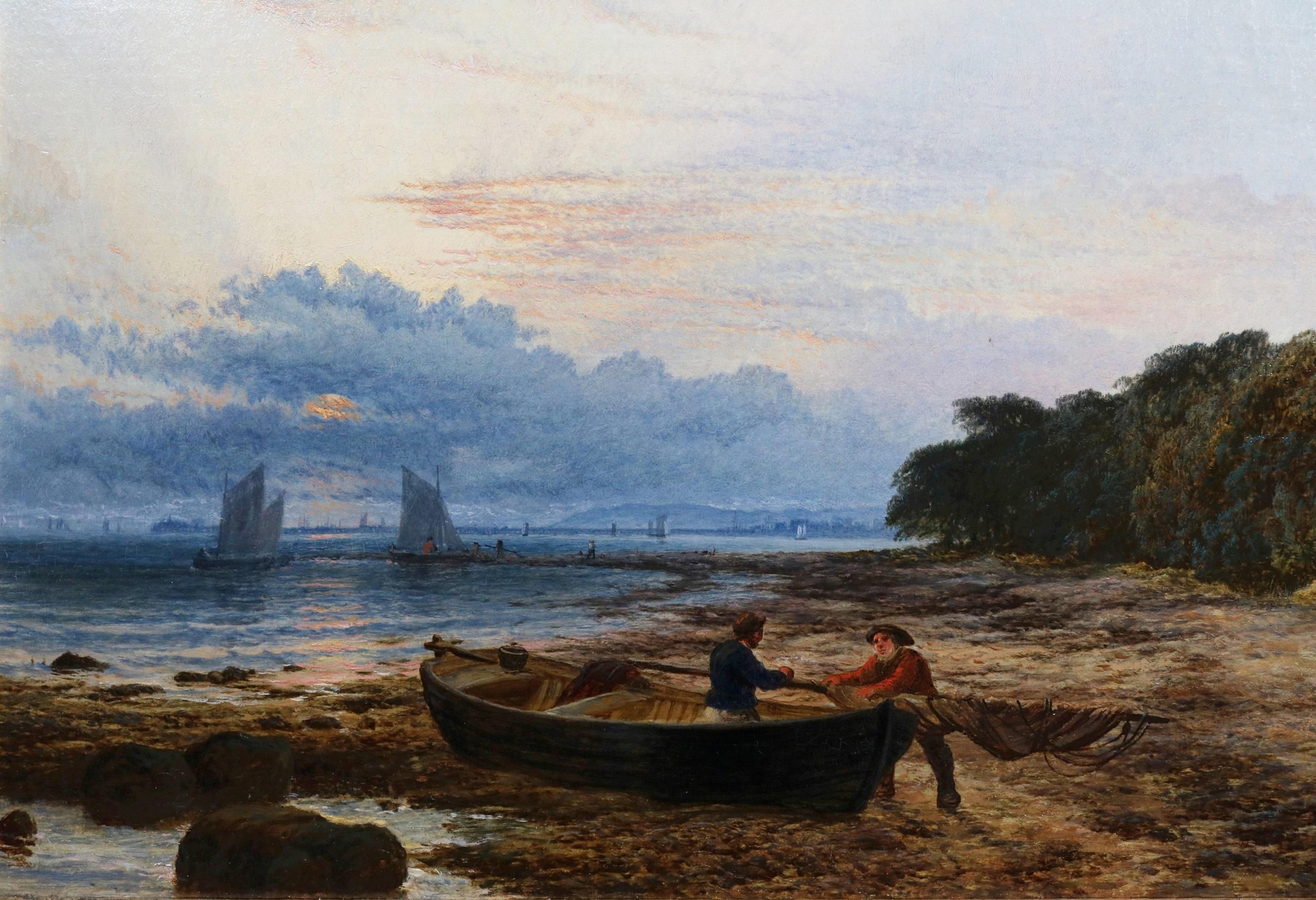 Crepuscular Rays - Ölgemälde aus dem 19. Jahrhundert mit englischem Sonnenuntergang an der Küste (Grau), Landscape Painting, von Henry Dawson