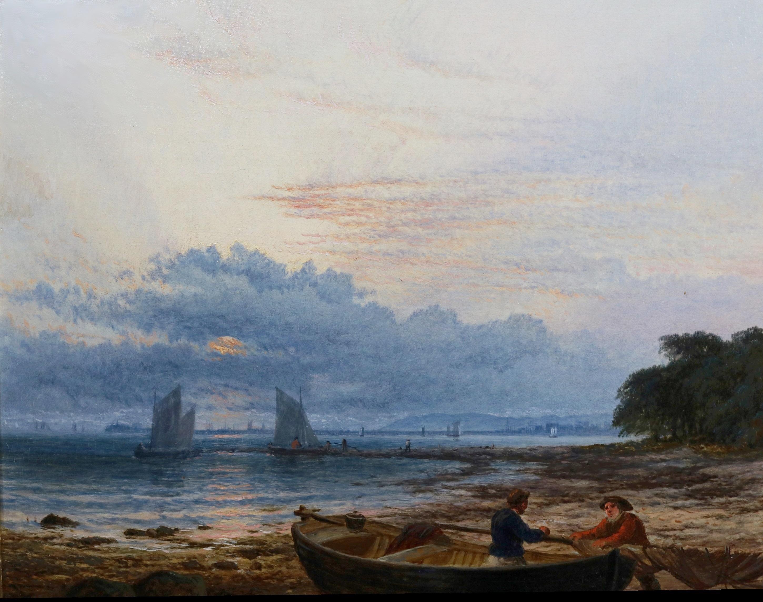 Crepuscular Rays - Ölgemälde aus dem 19. Jahrhundert mit englischem Sonnenuntergang an der Küste im Angebot 3