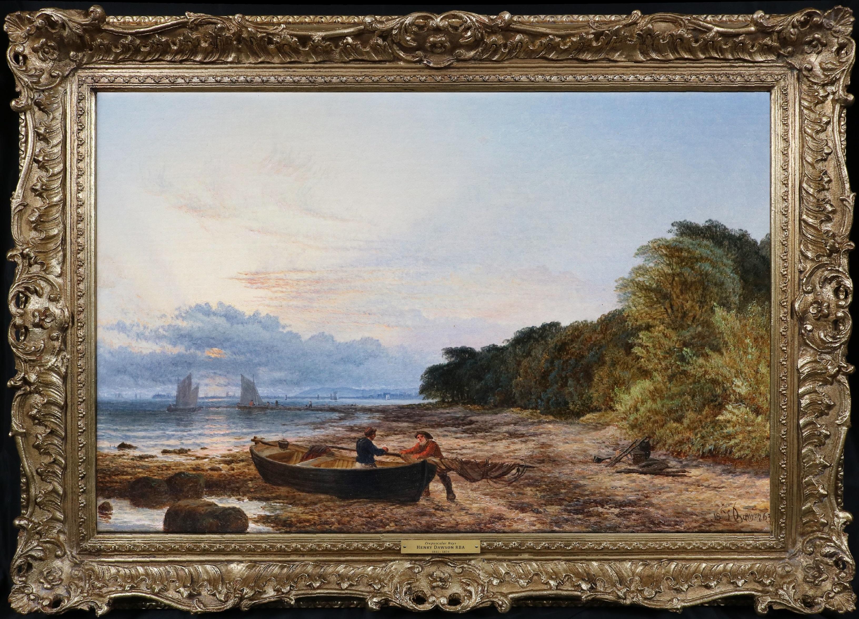 Rayons crépusculaires - Peinture à l
huile du 19e siècle représentant un coucher de soleil sur une côte anglaise