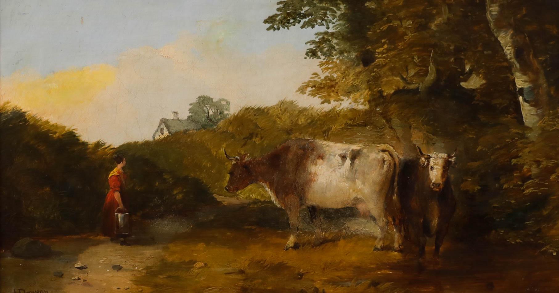 Henry Dawson (1811-1878)  - Olio della metà del XIX secolo incorniciato, Lattaia con due mucche in vendita 1