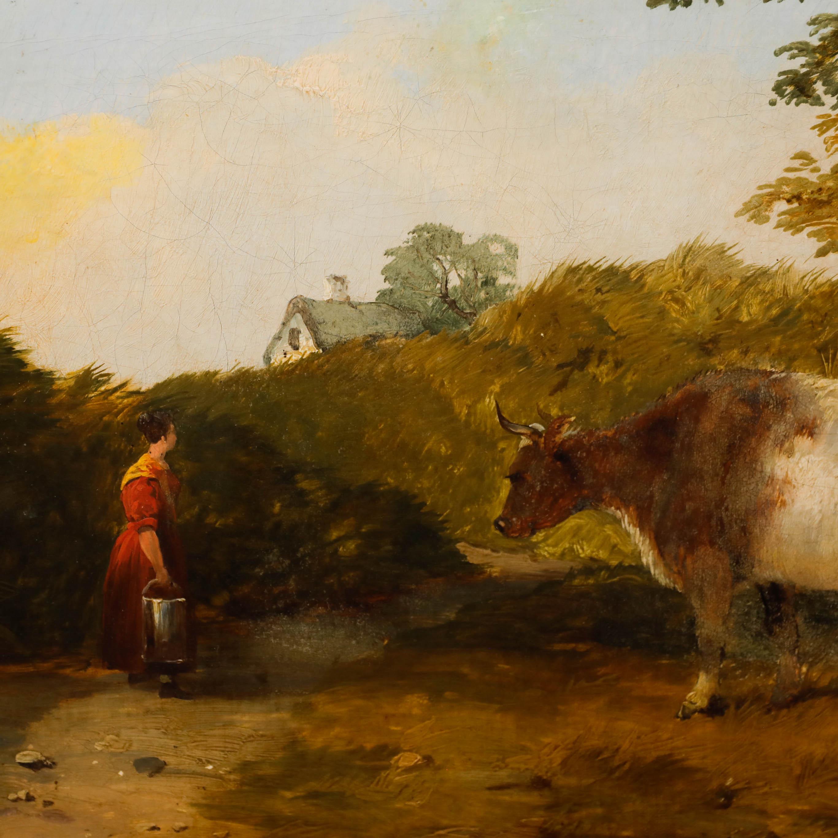 Henry Dawson (1811-1878)  - Olio della metà del XIX secolo incorniciato, Lattaia con due mucche in vendita 3