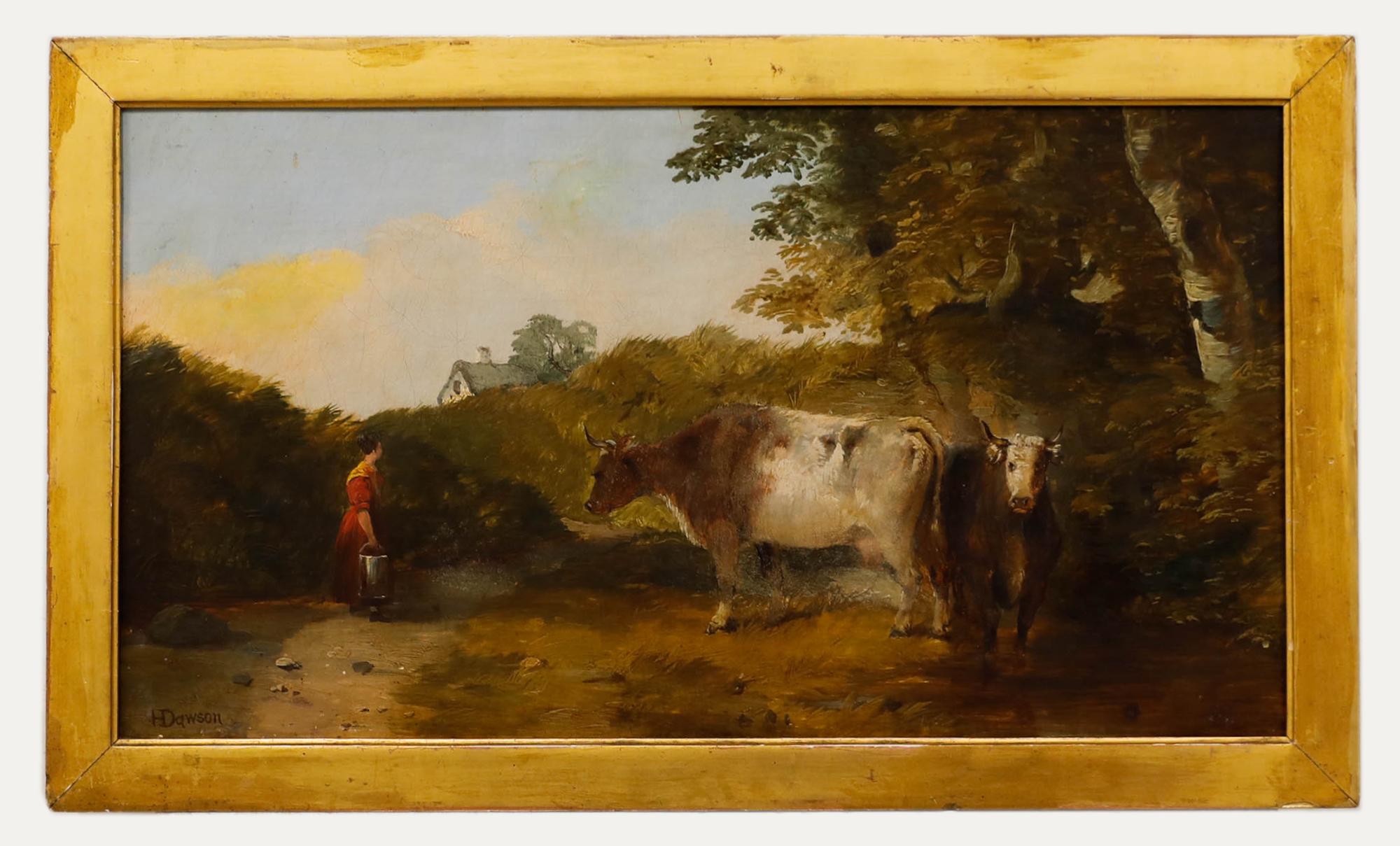 Henry Dawson (1811-1878), olio su tela. Paesaggio pastorale con due bovini in primo piano e una lattaia in attesa pronta con il suo secchio. Firmato in basso a sinistra. Presentato in una sottoveste dorata e rovinata. 
