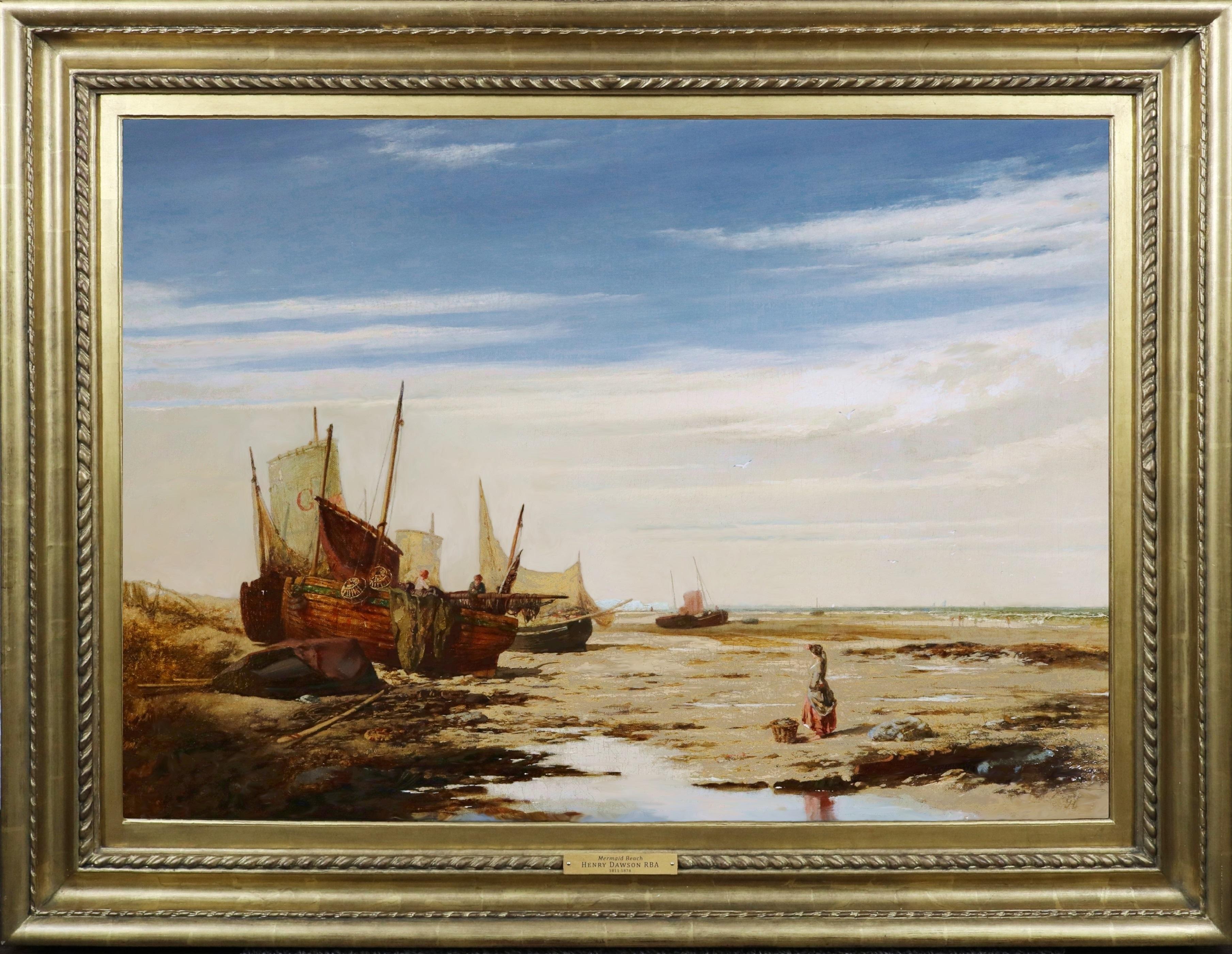 Henry Dawson Landscape Painting – Großes Ölgemälde aus dem 19. Jahrhundert mit einer englischen Küstenlandschaft am Mermaid Beach