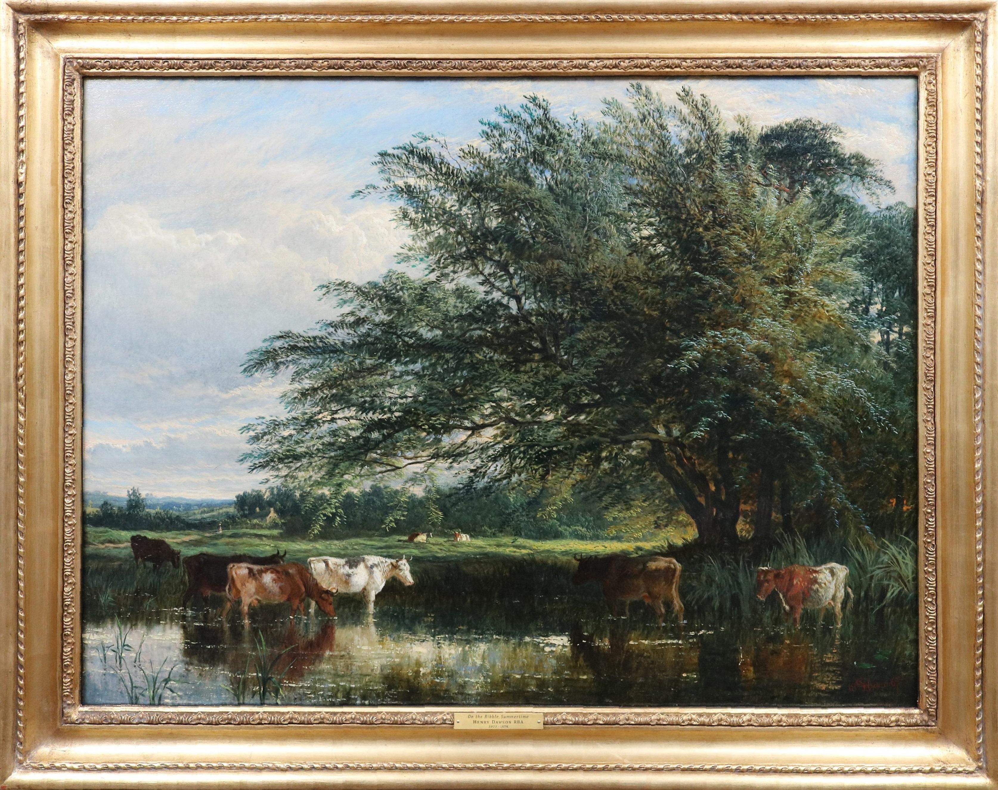 Grande dipinto a olio del XIX secolo raffigurante un paesaggio fluviale dello Yorkshire nell'estate inglese - Painting di Henry Dawson